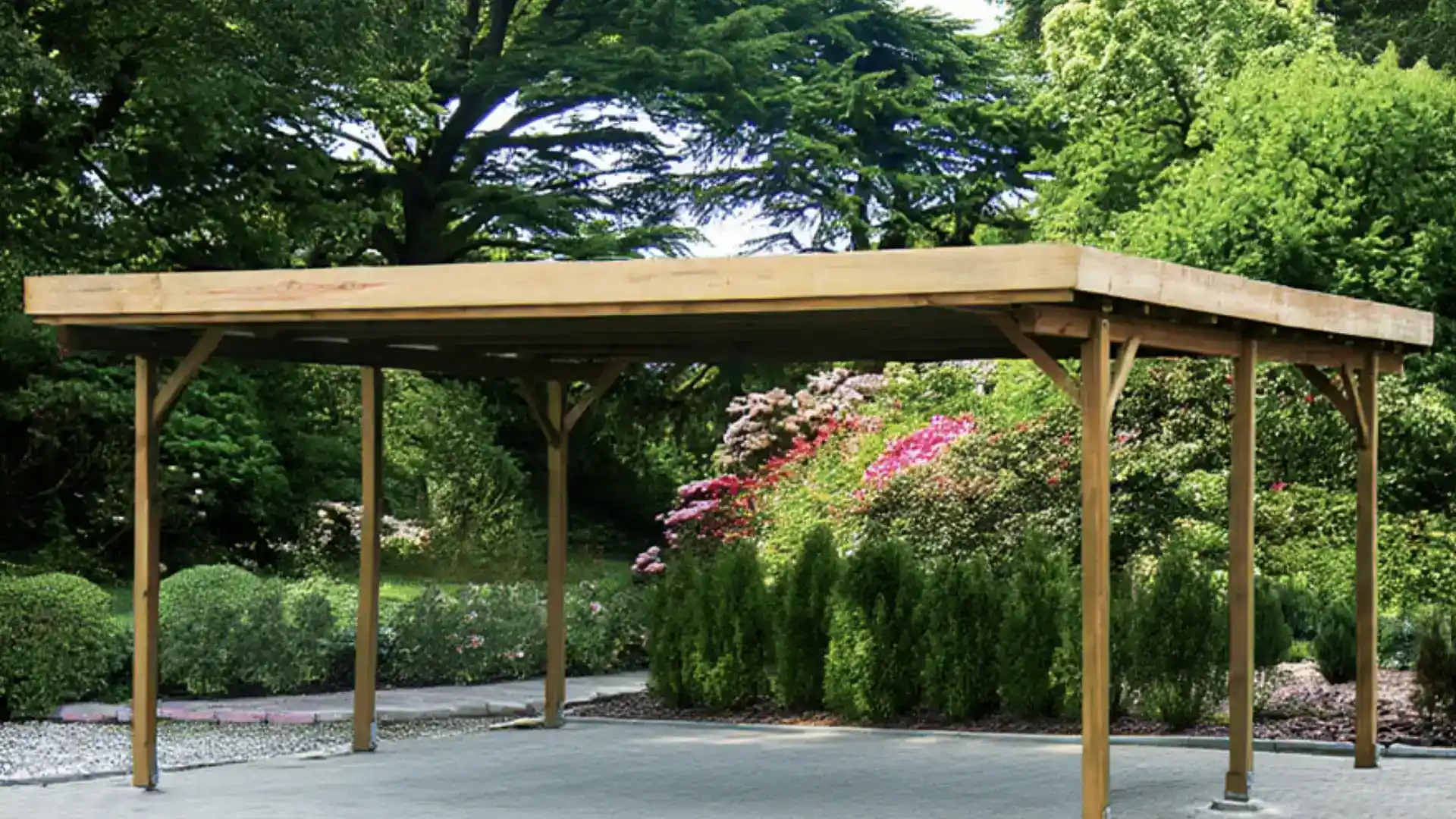 Holdbart træoverdække til have med robuste stolper og grønne omgivelser.