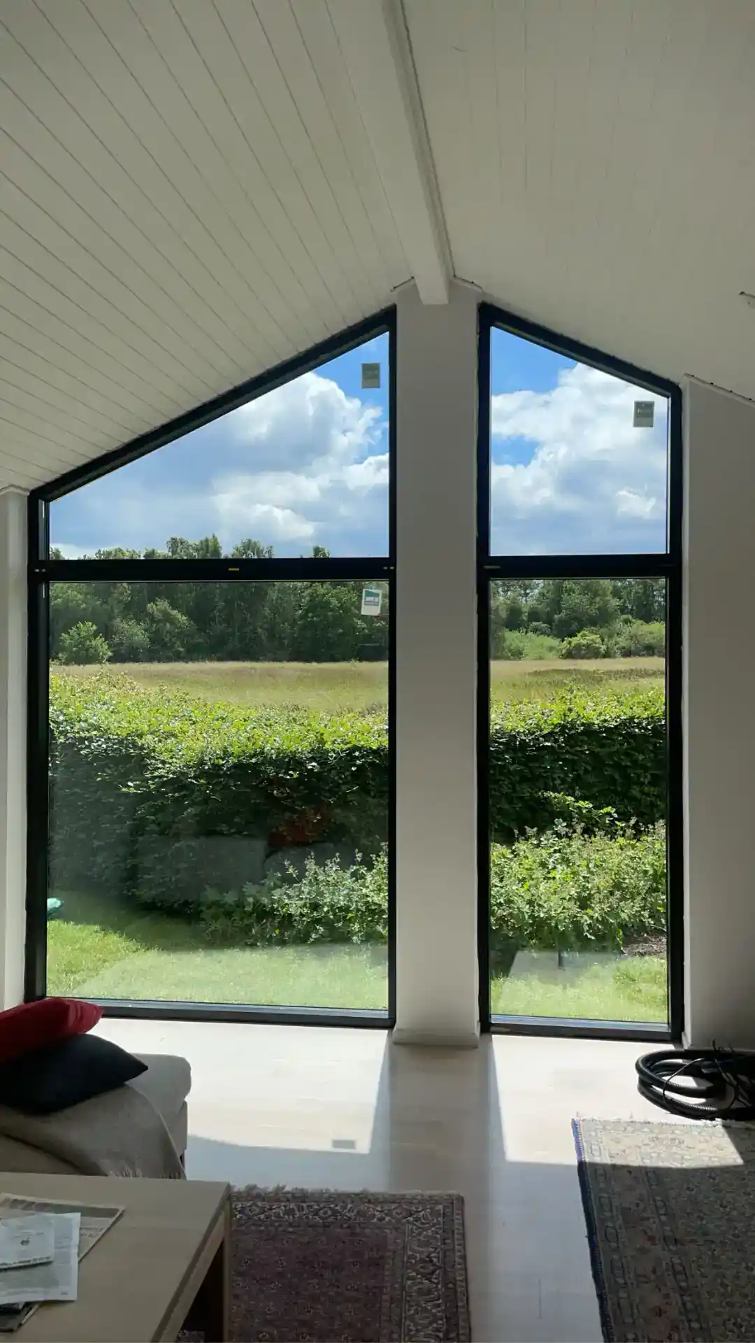 Stort vindue med sort ramme i et moderne hjem, naturudsigt og masser af dagslys.