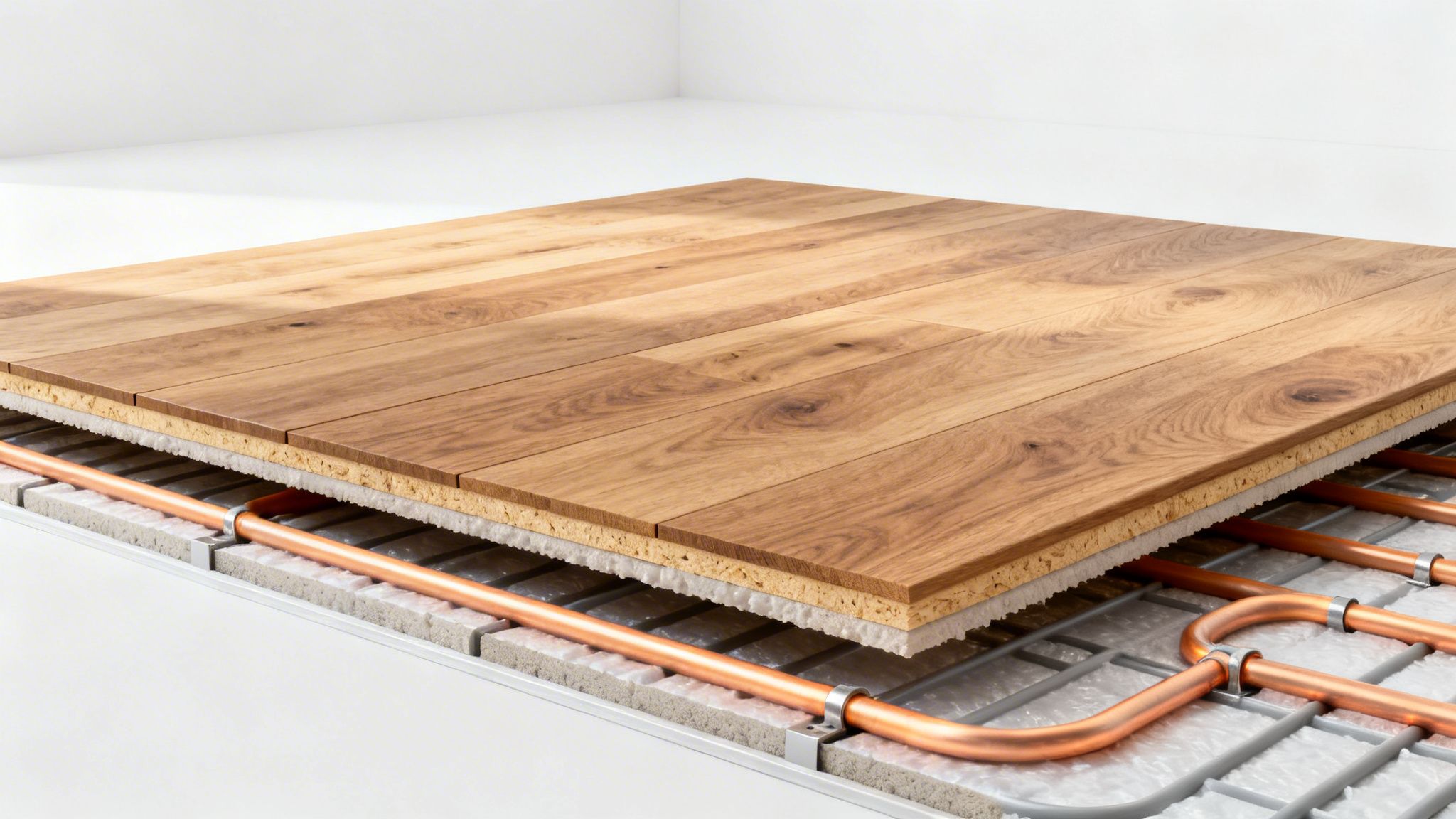 Tværsnit af et trægulv installeret over et gulvvarmesystem med vandrør og isolering.