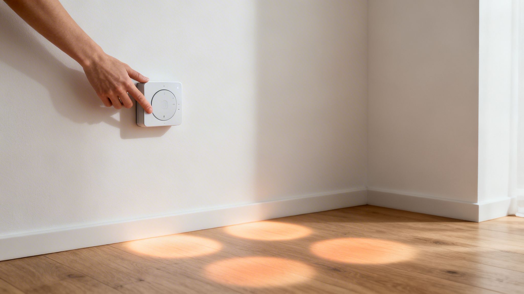 En hånd trykker på et hvidt smart home kontrolpanel monteret på en væg over et trægulv med sollyspletter.