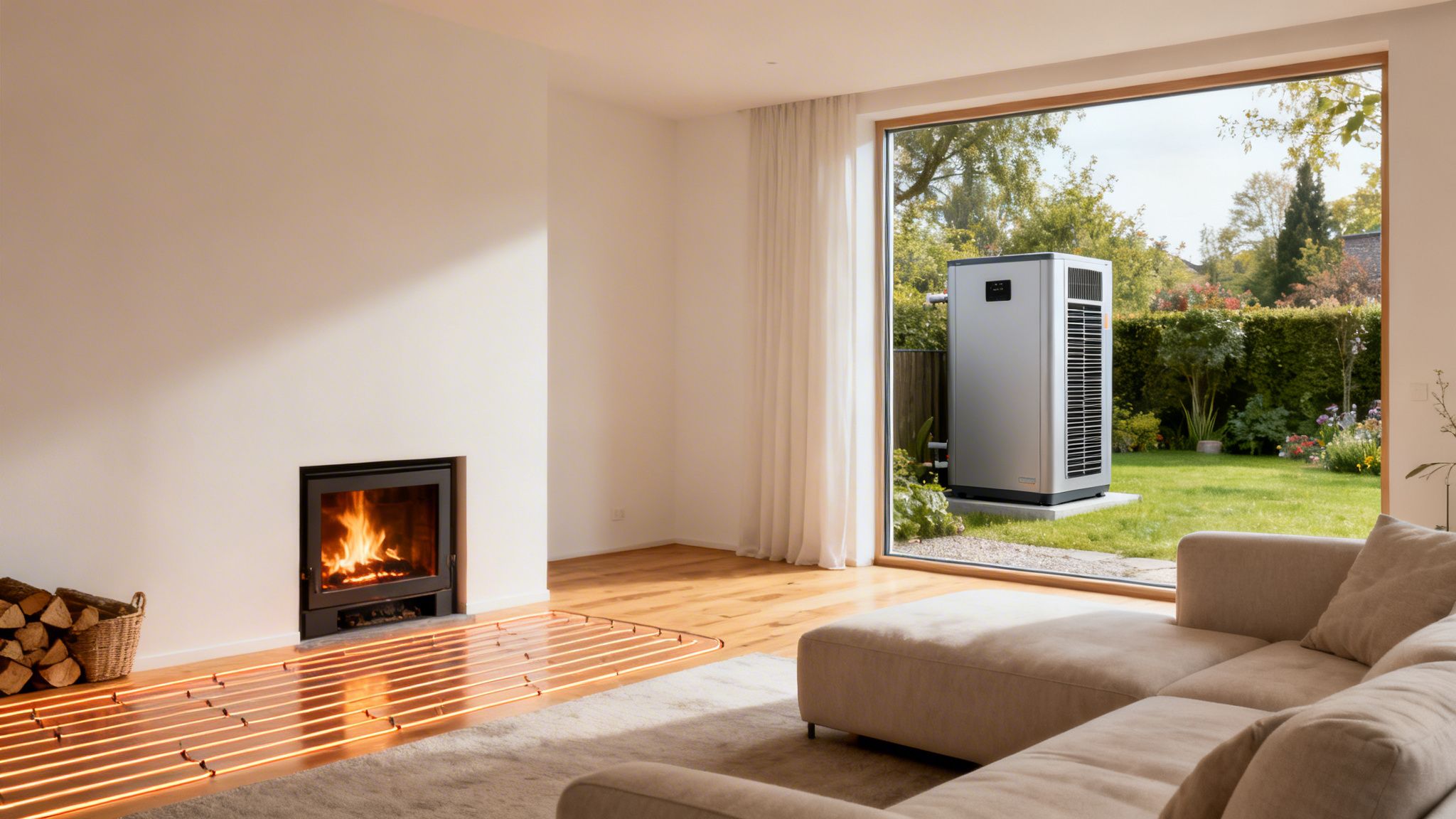 Et moderne stue med brændeovn, synlig gulvvarme, en sofa og udsigt til en have med en varmepumpe.