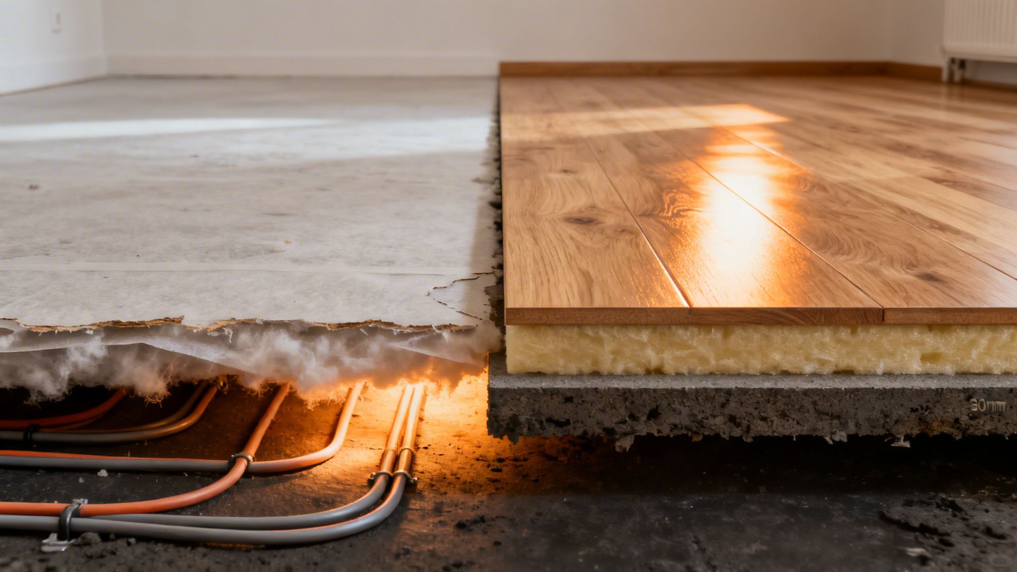 Detaljeret snit af gulv, der viser installation af gulvvarme med kabler og isolering under et trægulv.