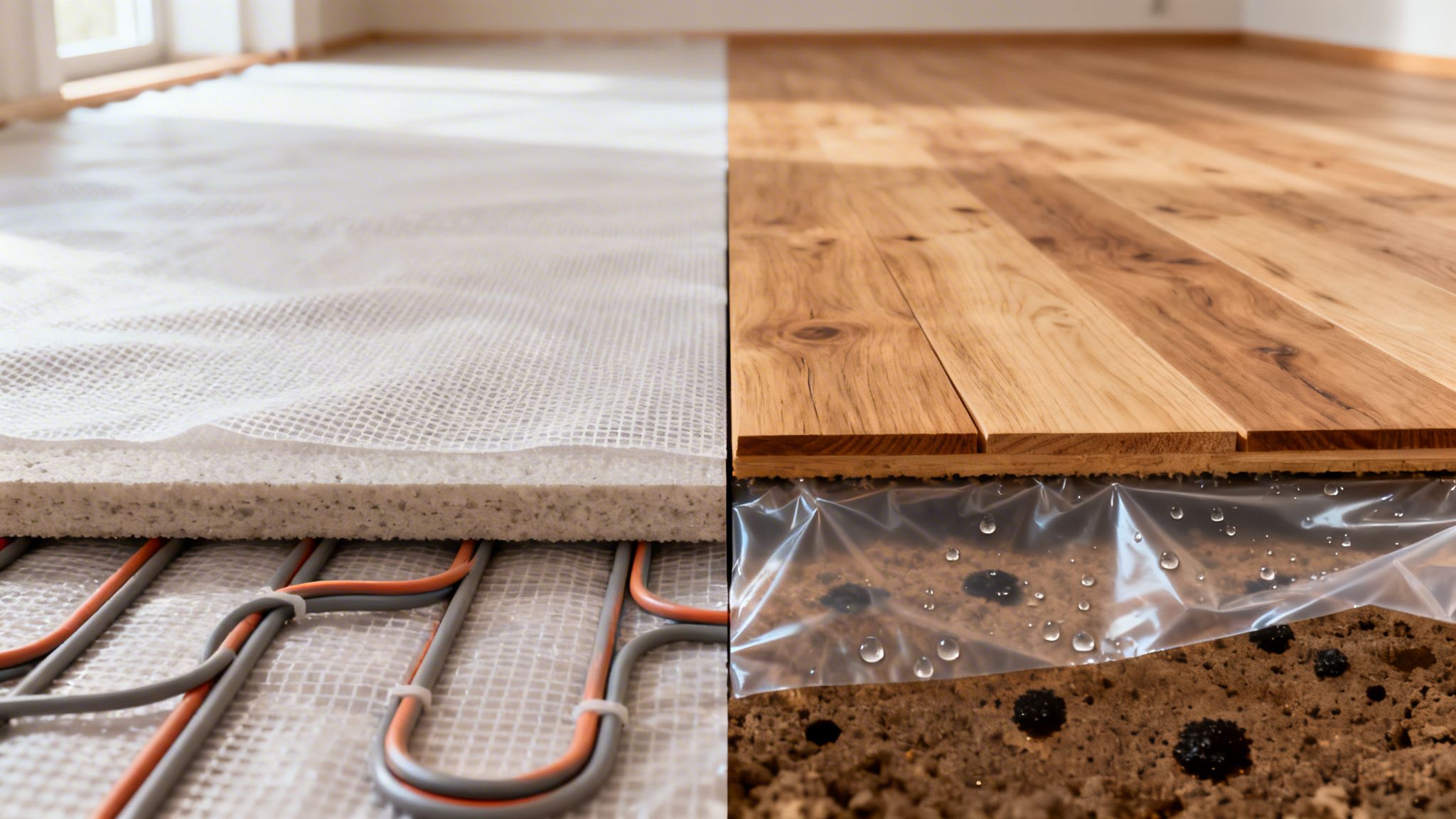 Et opdelt billede viser gulvvarmeinstallation og trægulv, der lægges over en fugtspærre.
