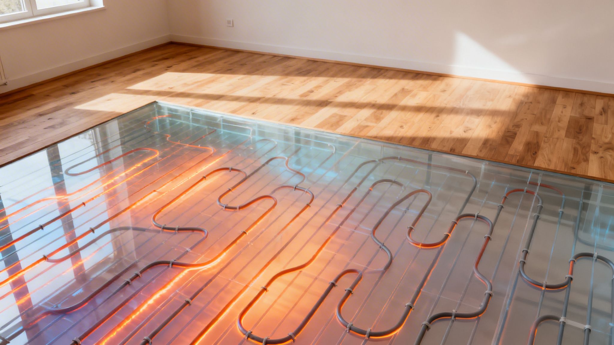 Gulvvarmeinstallation med glødende rør under et transparent gulv ved siden af et trægulv.