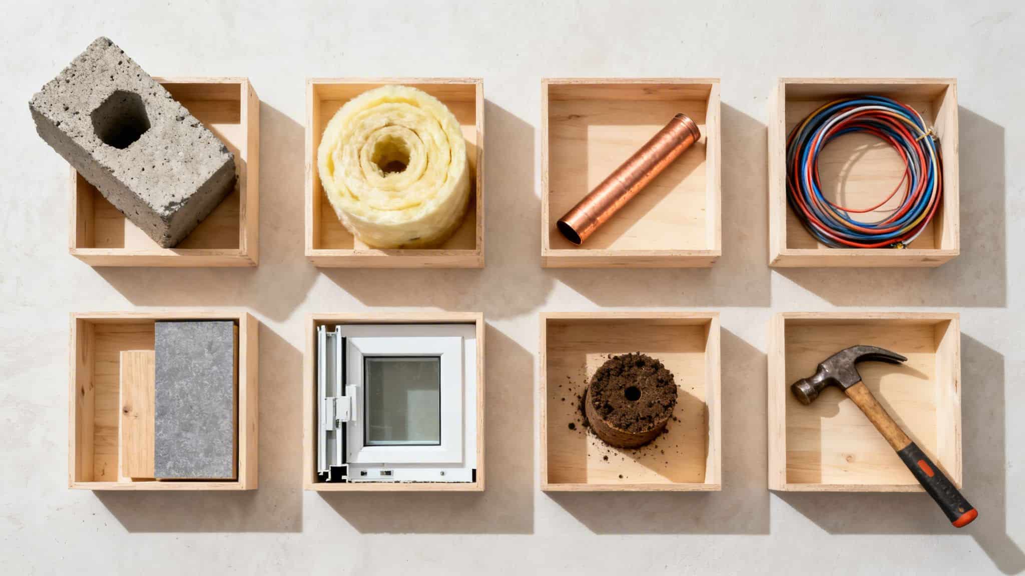 Diverse byggematerialer og værktøjer som betonblok, isolering, kobberrør, ledninger, flise, vindue og hammer i træbokse.