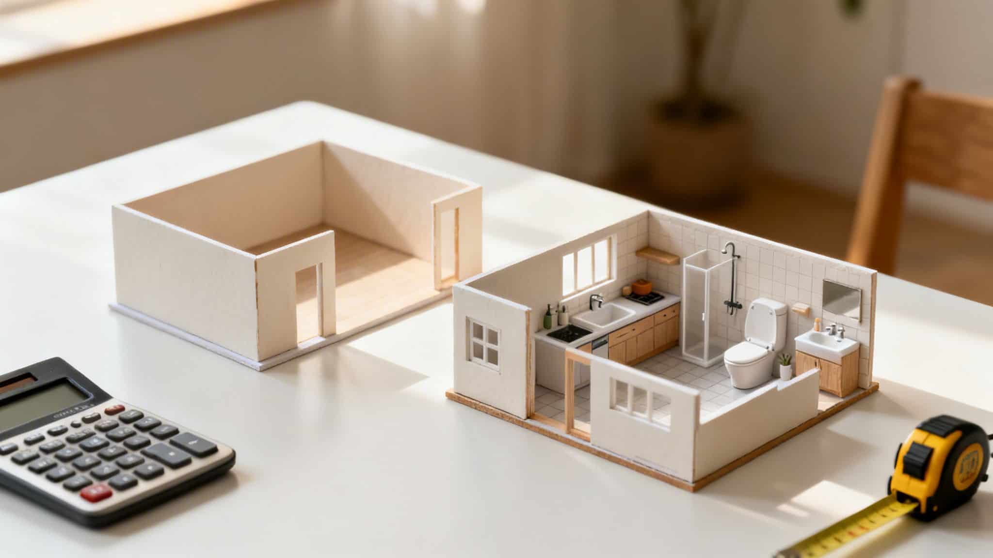 Miniature husmodeller med køkken og badeværelse, lommeregner og målebånd på et bord.