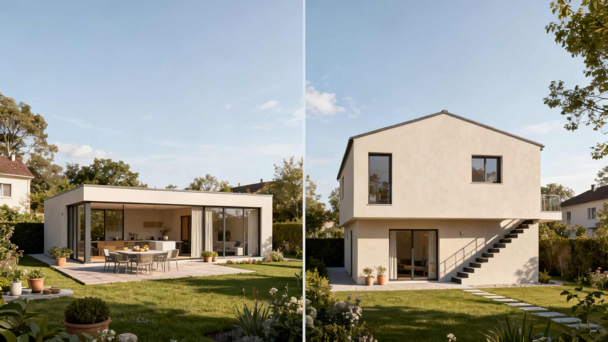 Moderne etplanshus med terrasse og toplanshus med trappe i grøn have under blå himmel.