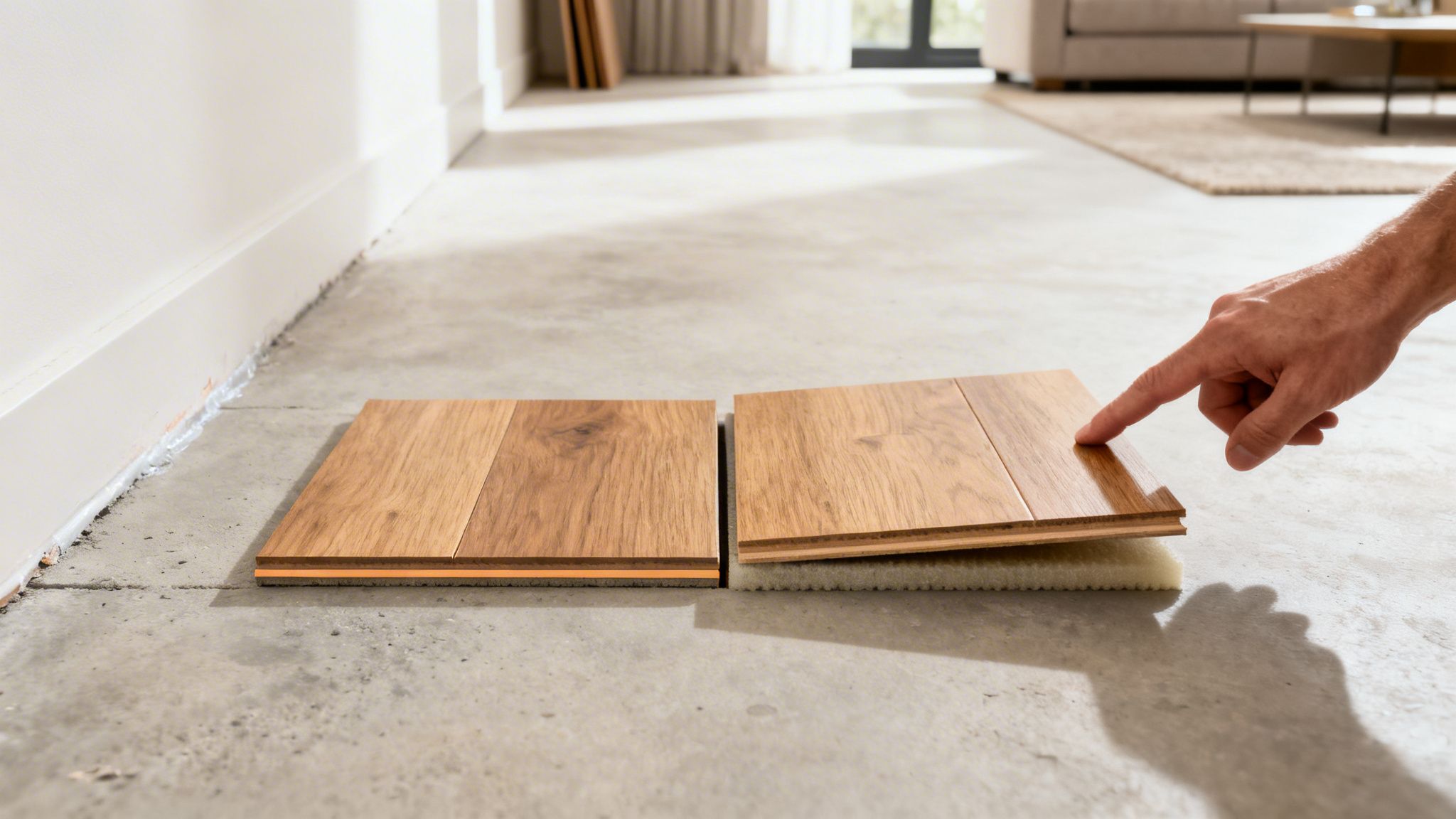 To prøver af trægulv på beton, der viser fuldlimet og svømmende installation med underlag. En hånd peger på den svømmende løsning.
