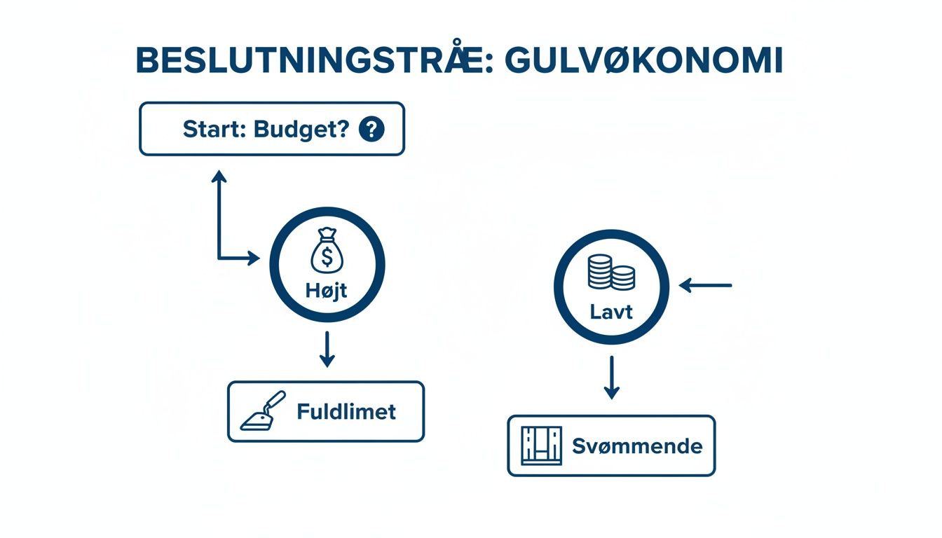 Beslutningstræ for gulvøkonomi viser valg mellem fuldlimet og svømmende gulv baseret på budget.