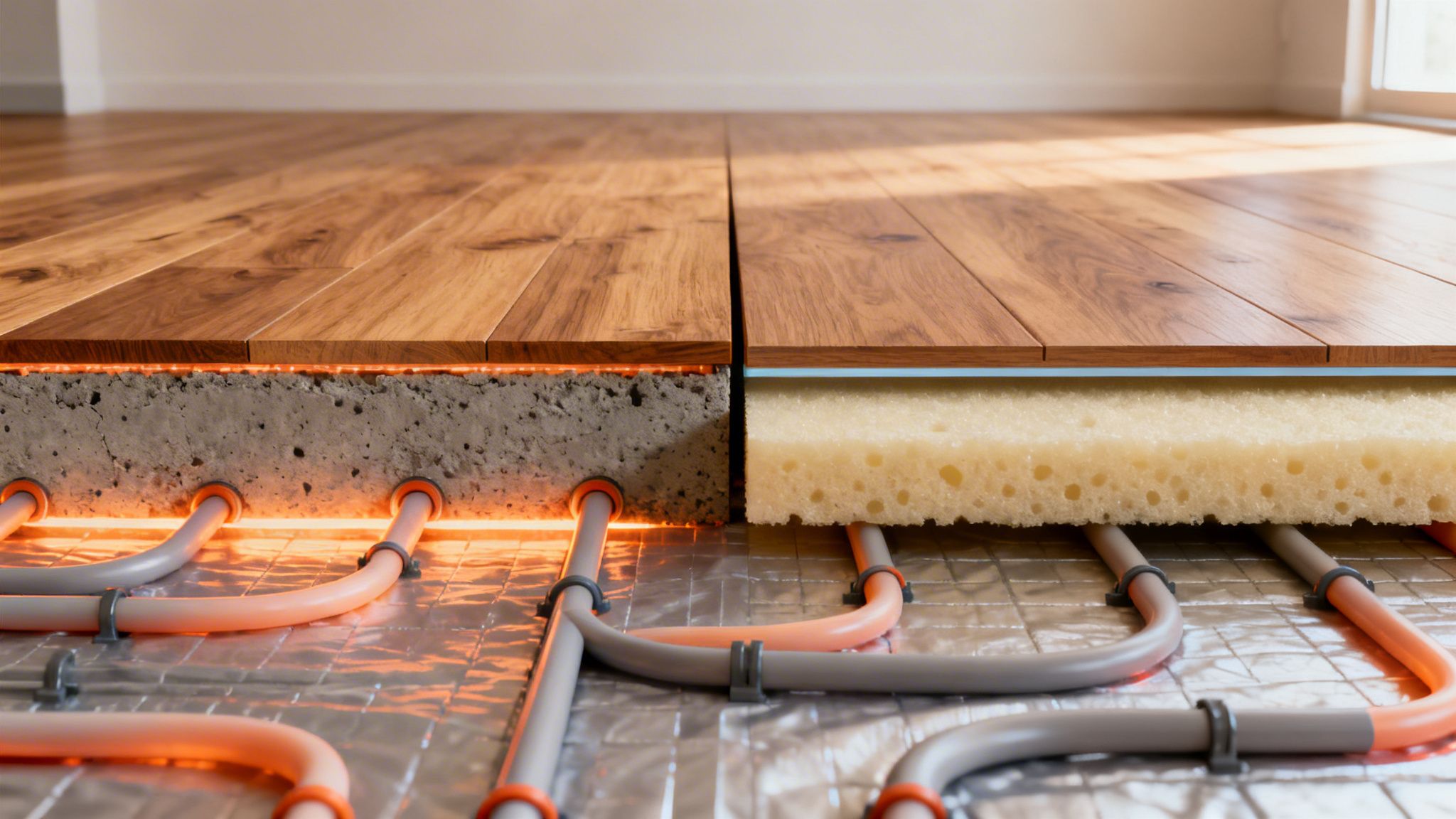 Et tværsnit af to gulvvarmesystemer under trægulve: fuldlimet og svømmende løsninger.