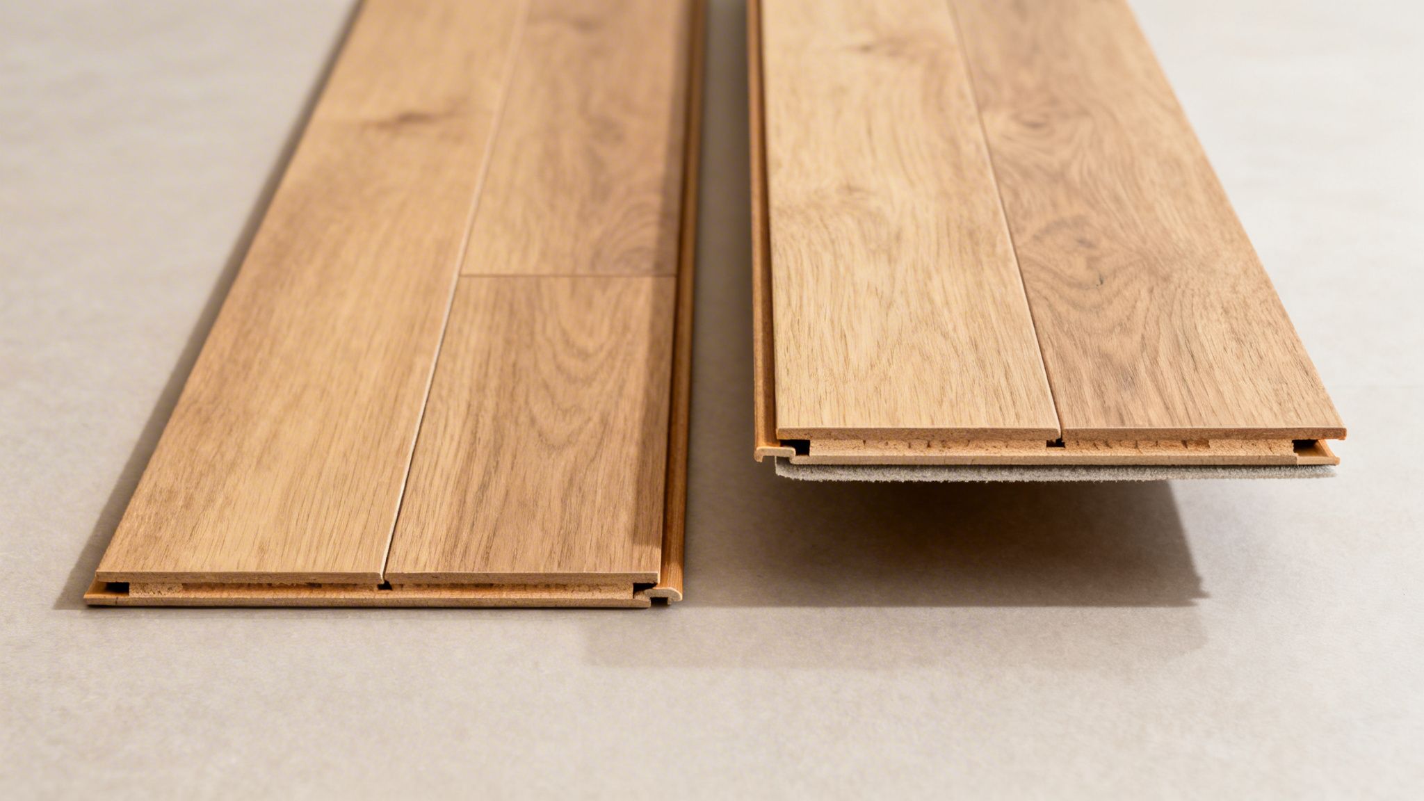 To trægulvsbrædder viser samling og underlag til gulvinstallation, sandsynligvis i forbindelse med gulvvarme.