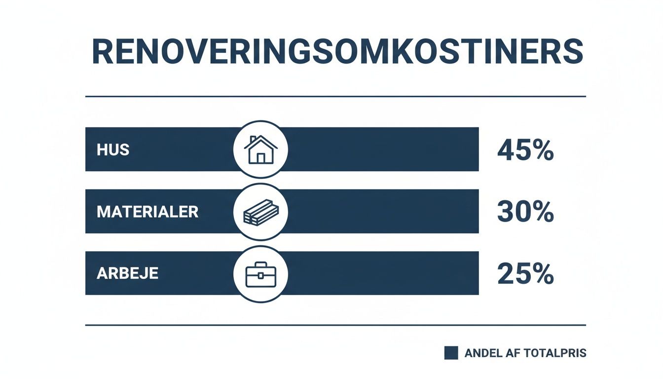 En graf viser fordelingen af renoveringsomkostninger: 45% hus, 30% materialer og 25% arbejde.