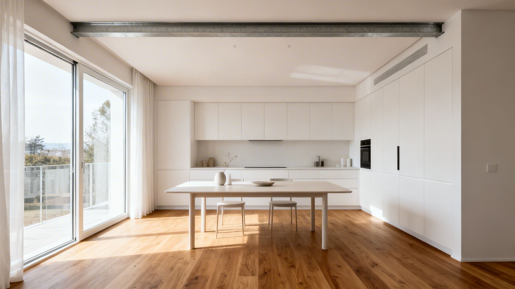 Et moderne, minimalistisk køkken og spiseområde med hvide skabe, trægulv og stort vindue.