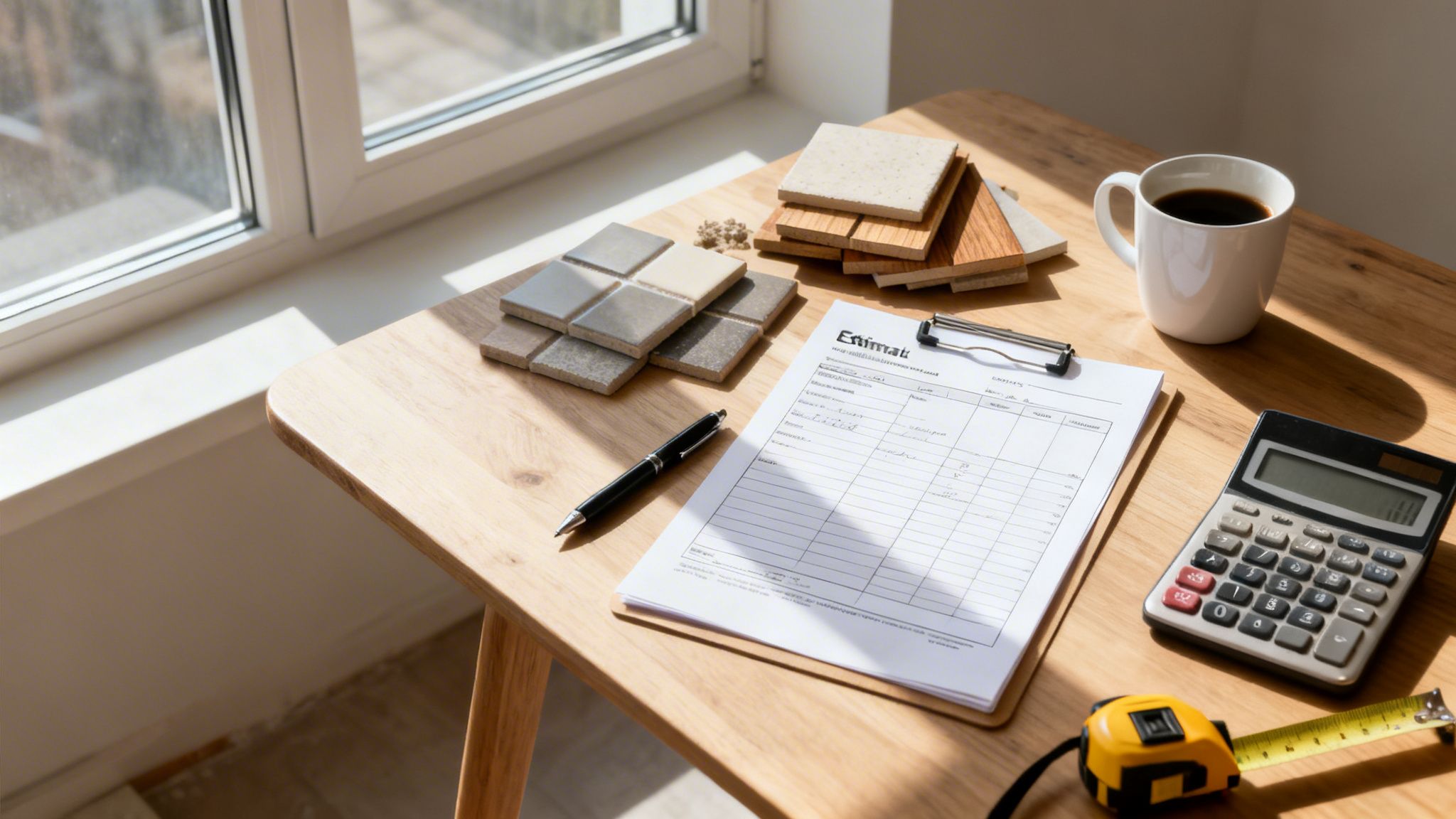 Bord med materialeprøver til renovering, en prisberegning, lommeregner og kaffekop ved et solrigt vindue.