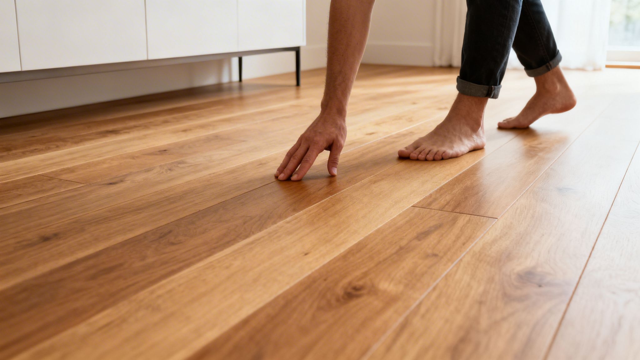 En person med bare fødder og en hånd, der rører et smukt trægulv, måske for at tjekke temperaturen.
