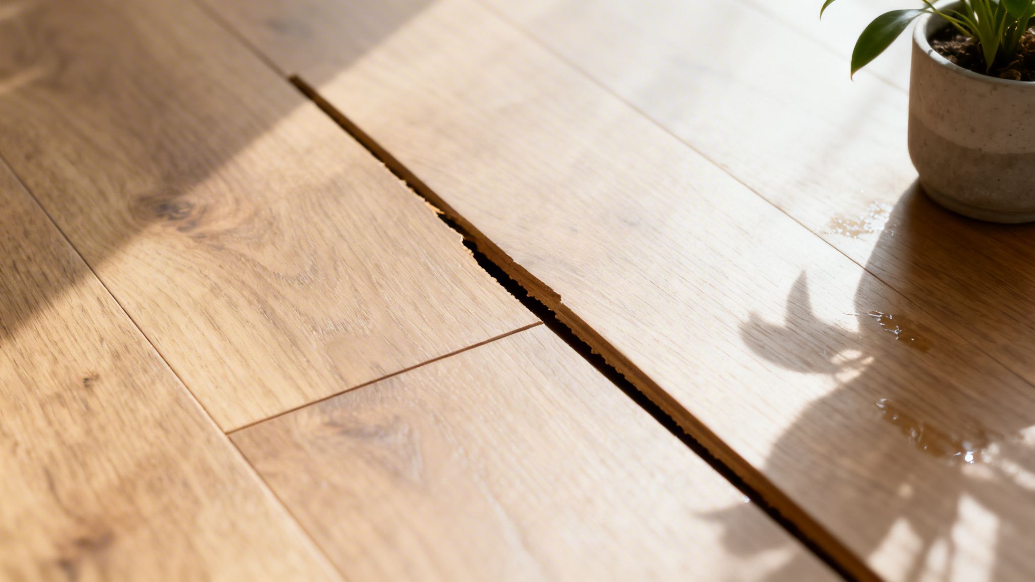 Trægulv med en tydelig sprække mellem brædderne, sollys og vanddråber tæt på en potteplante.