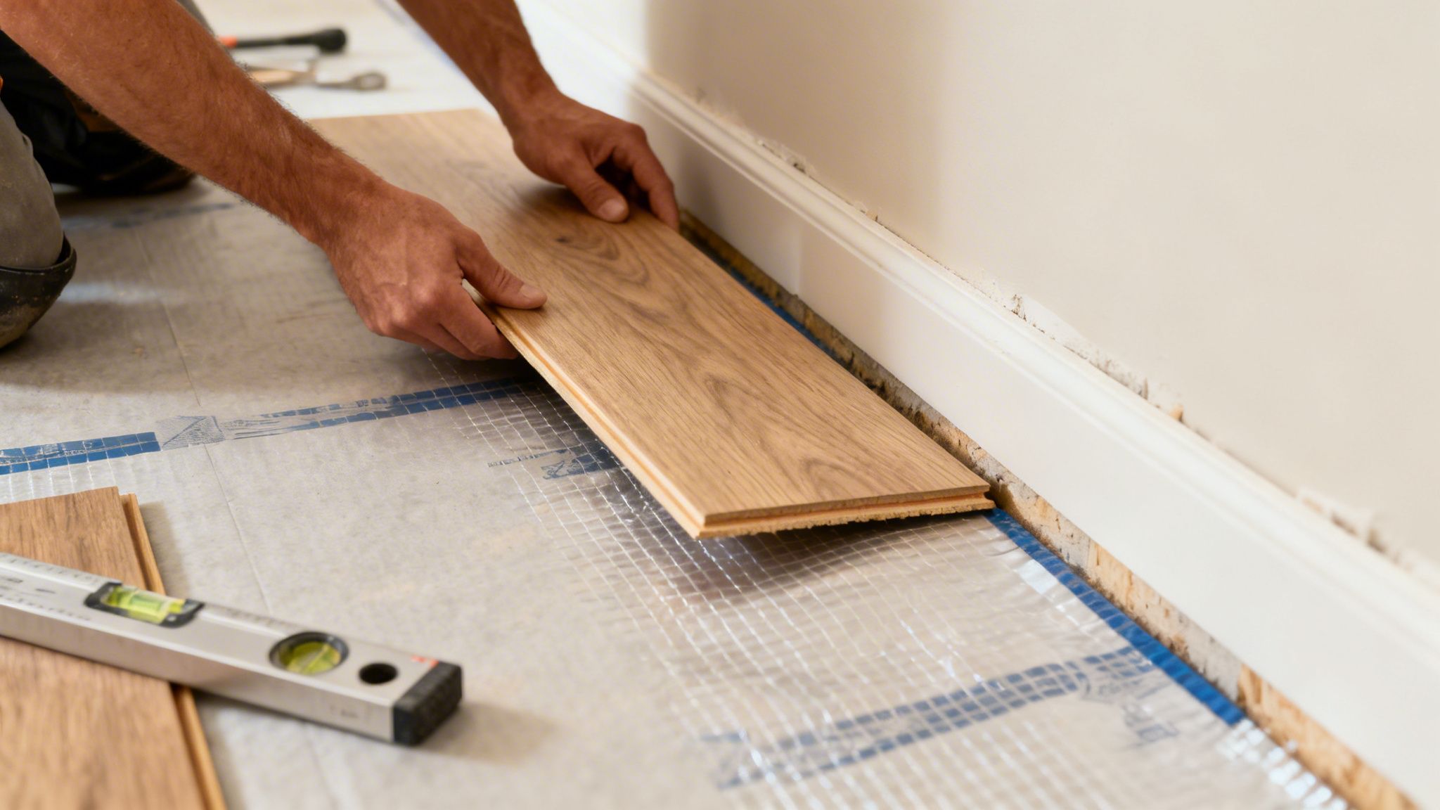 En person installerer nyt trægulv, lægger et bræt ned på gulvunderlag nær en hvid fodliste.
