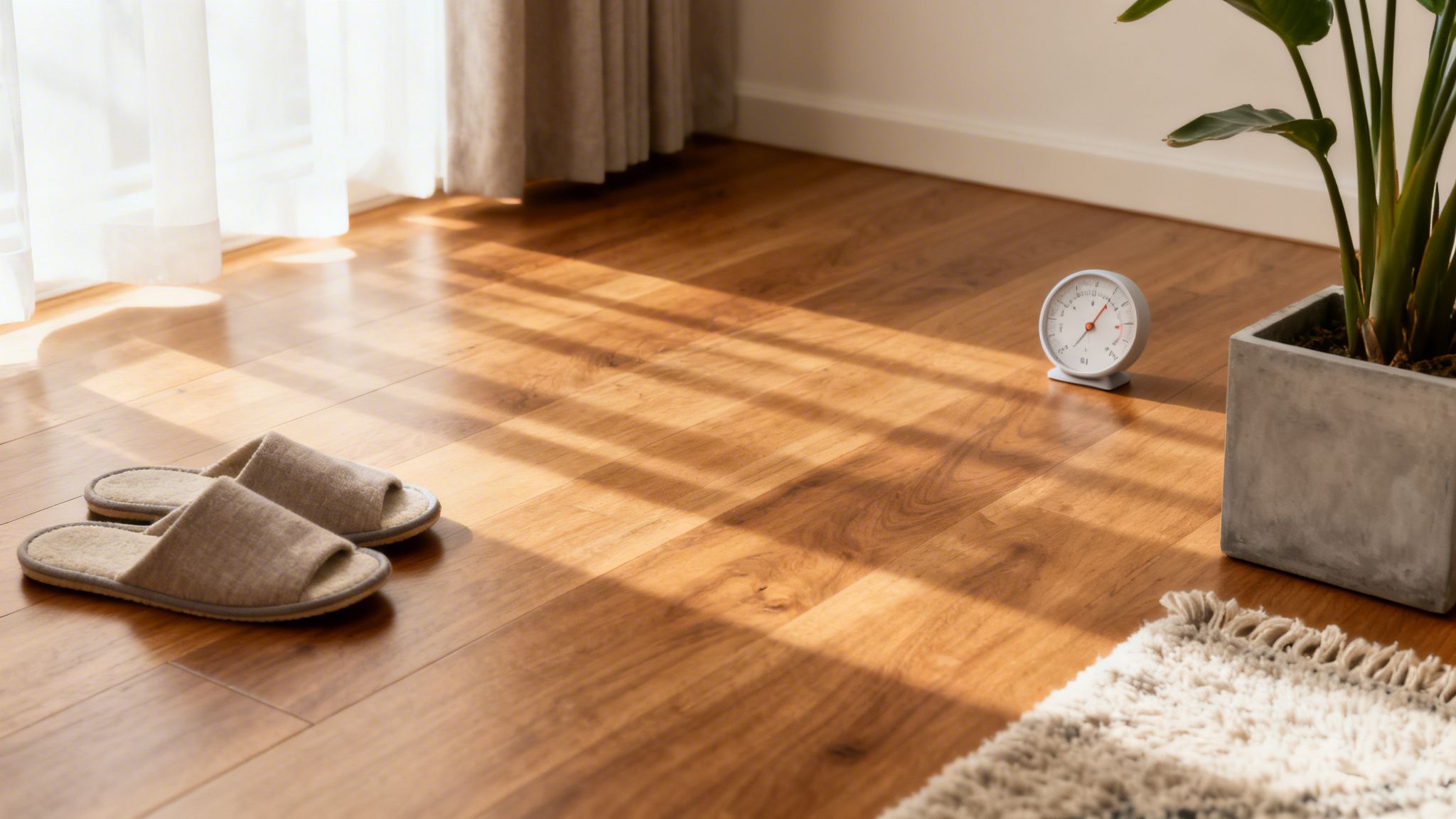 Et lyst rum med trægulv, solstriber, et par hyggelige hjemmesko og en plante, der skaber en rolig atmosfære.