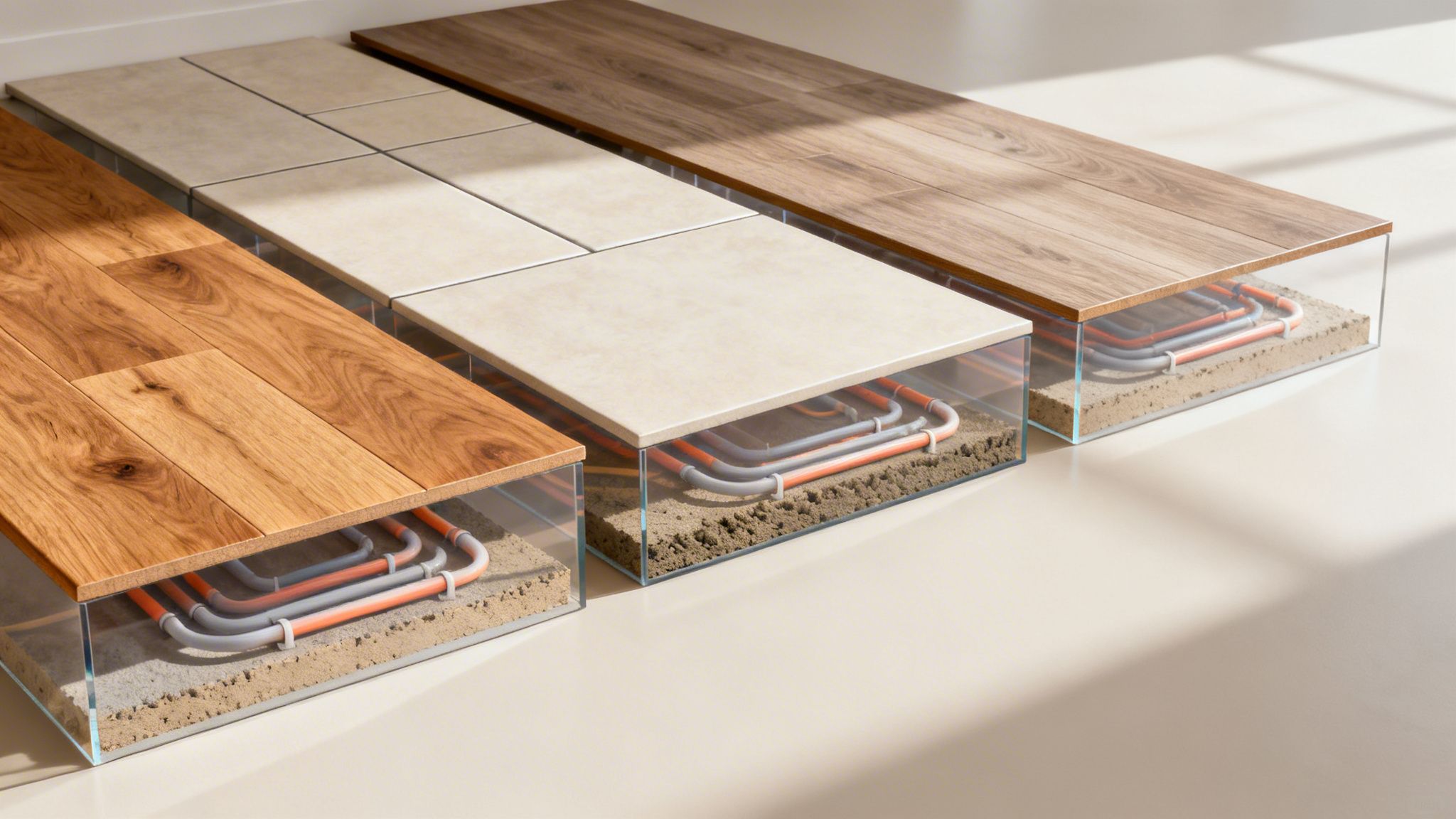 Viser tværsnit af gulvvarme under trægulv og fliser, der illustrerer installation og lag.