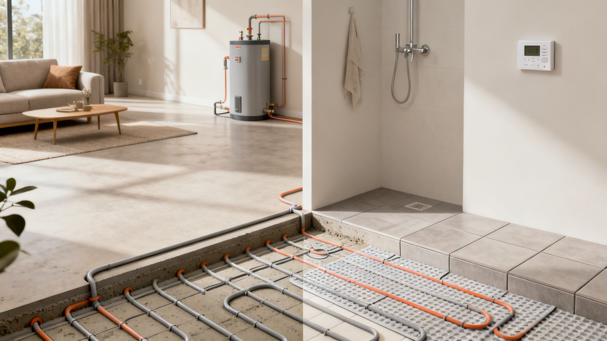 Billede af installation af gulvvarme i en moderne bolig med stue, badeværelse og varmtvandsbeholder.