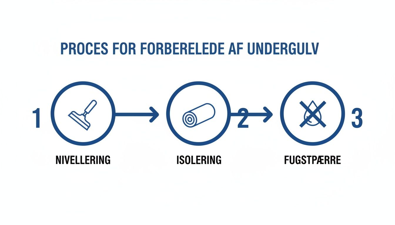 Viser de tre trin i processen for forberedelse af et undergulv: nivellering, isolering og fugtspærre.