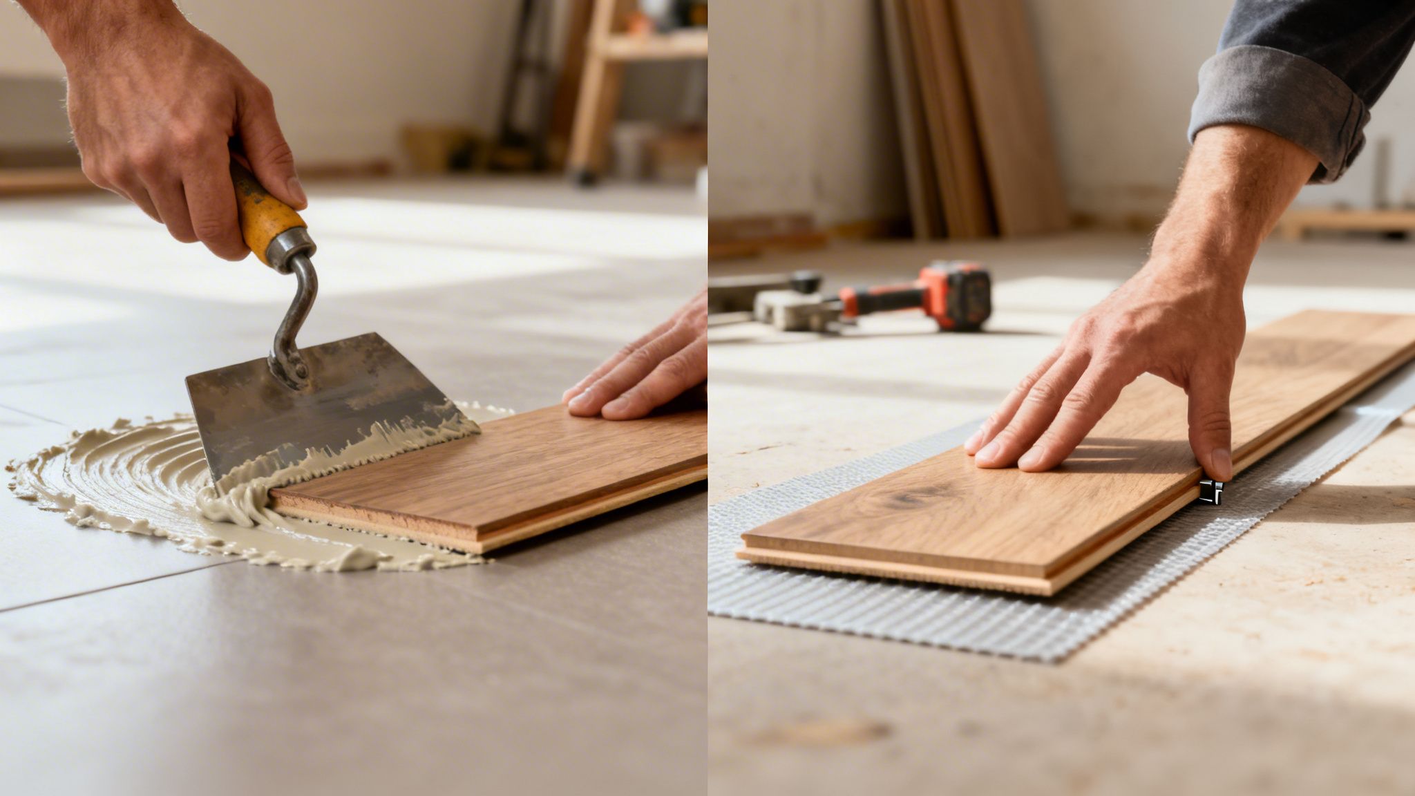 En person installerer trægulv; billedet viser både limning og flydende lægning på underlag.