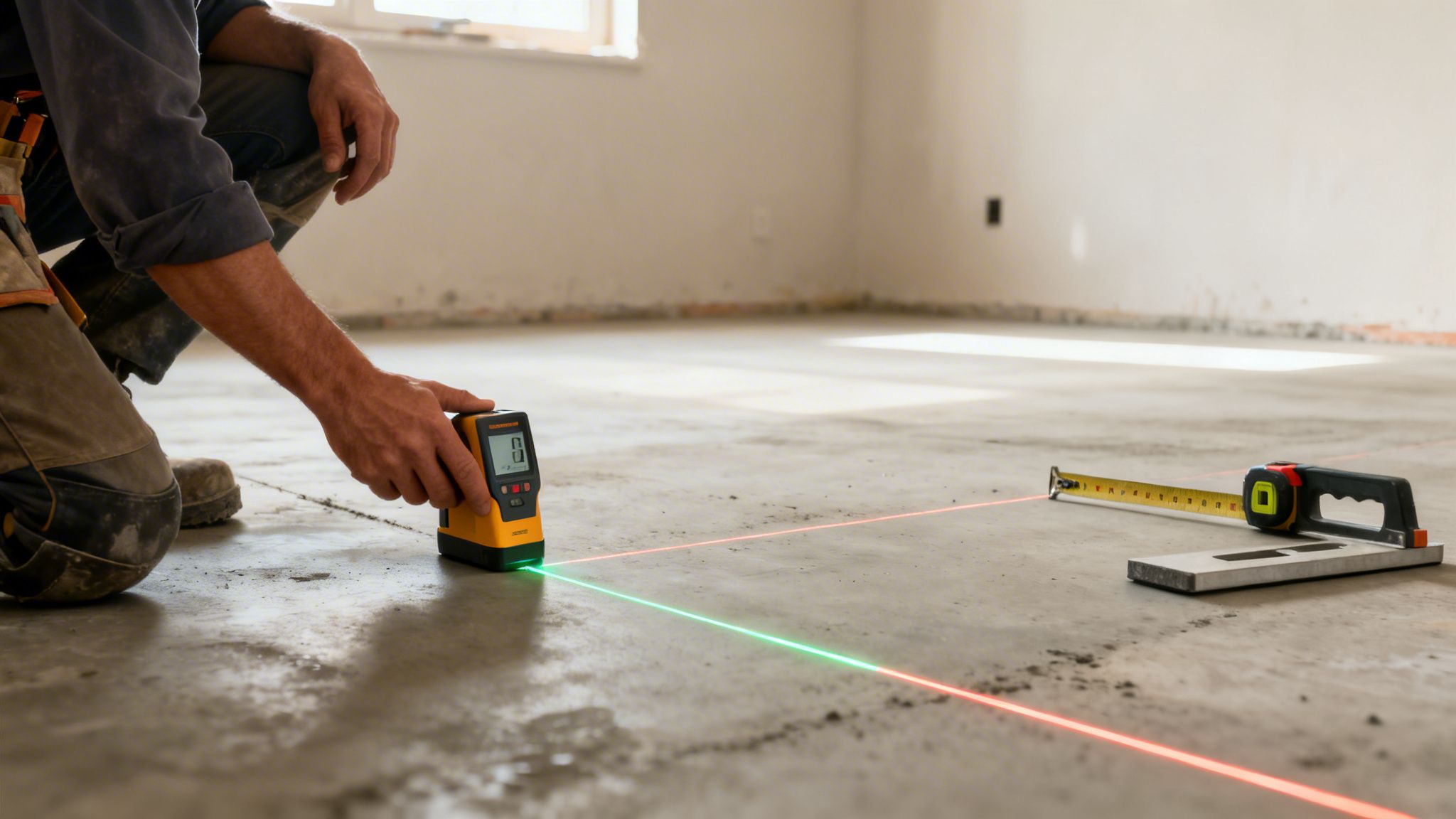 Håndværker måler og lægger laserlinjer på et råt betongulv under byggeprojekt.