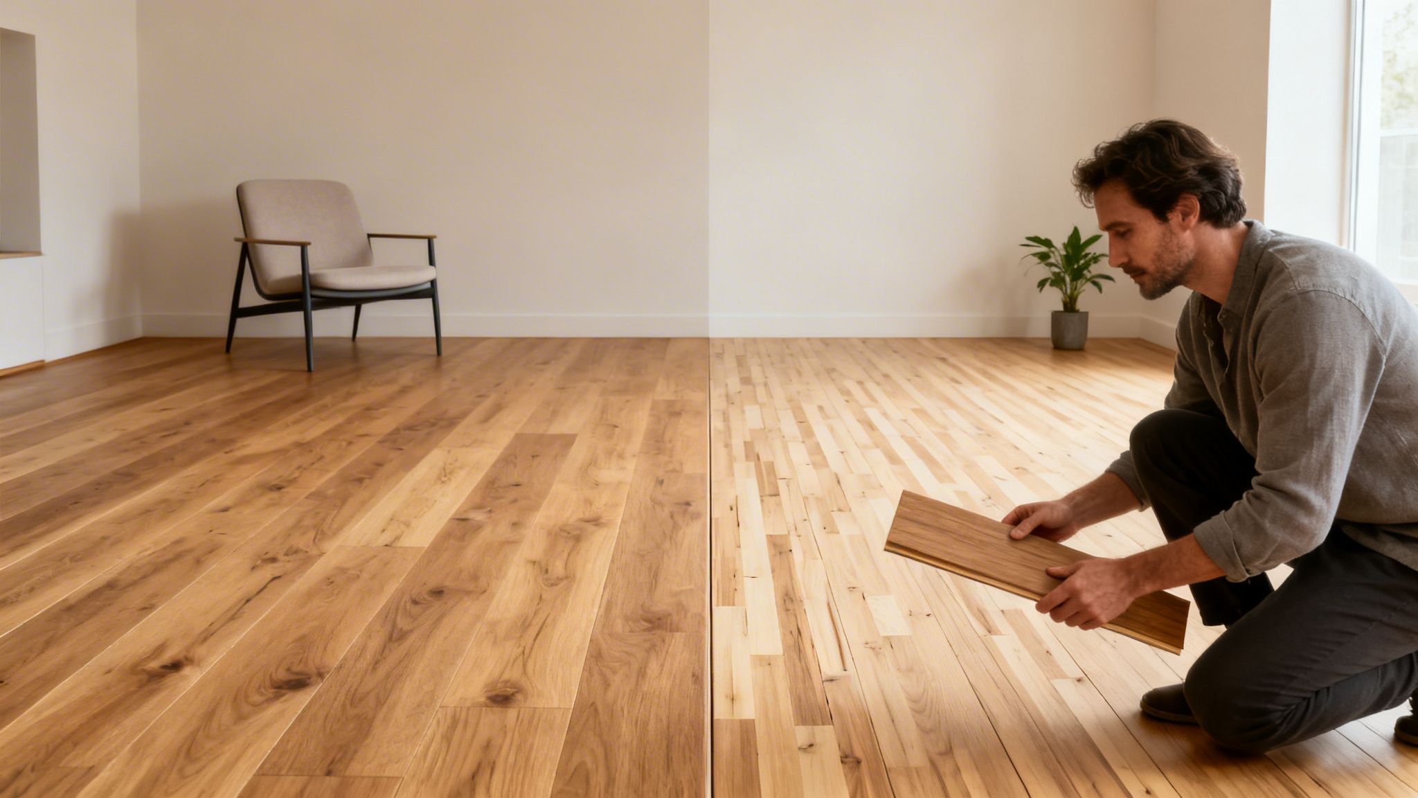 Mand sammenligner to trægulve i et rum, et færdigt og et under installation.