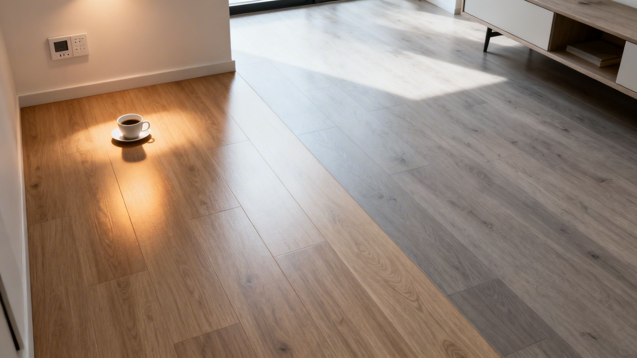 Et hjem med to typer trægulv, lyst og mørkt, belyst af sollys, med en kaffekop på det lyse gulv.