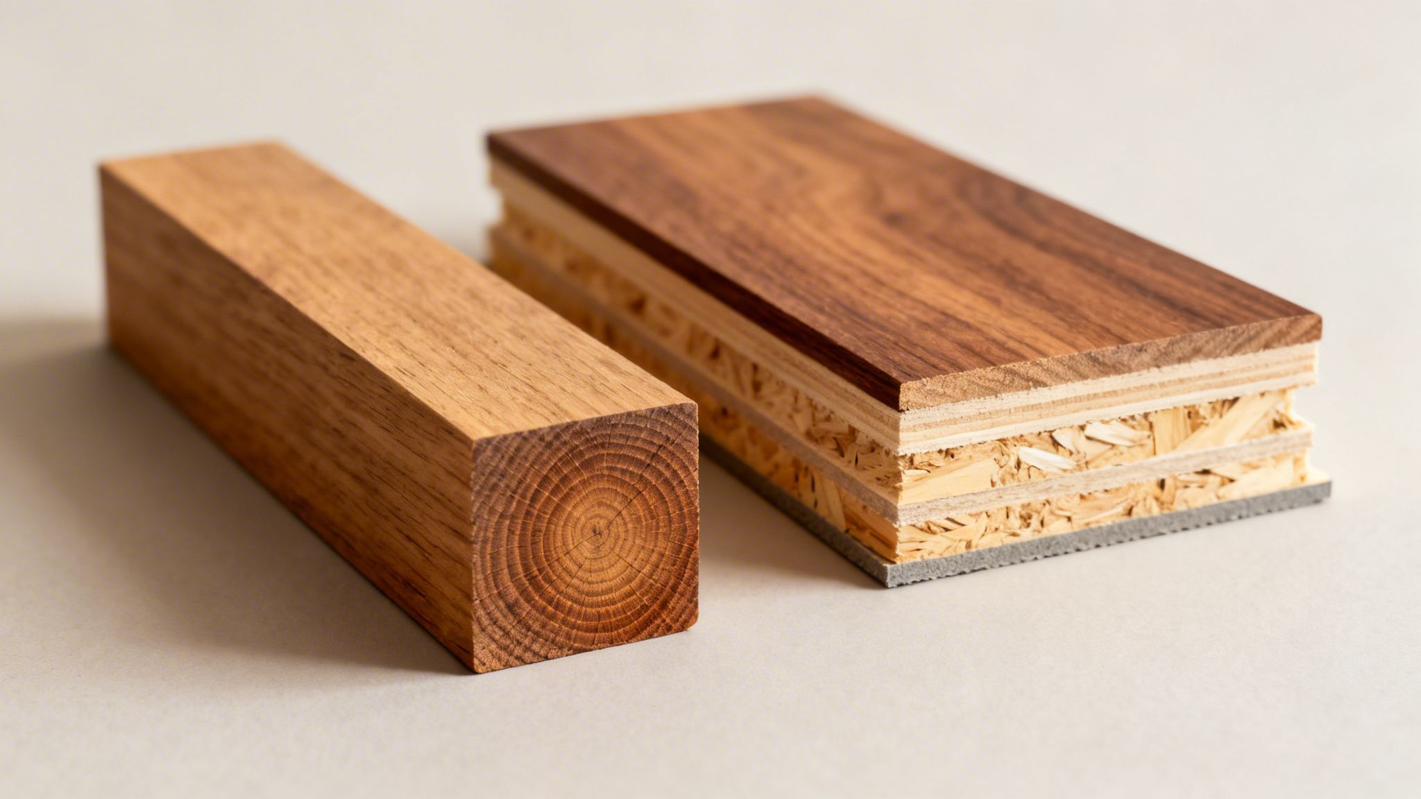 To træprøver side om side: et massivt træstykke og et flerlagstrægulv med forskellige lag.