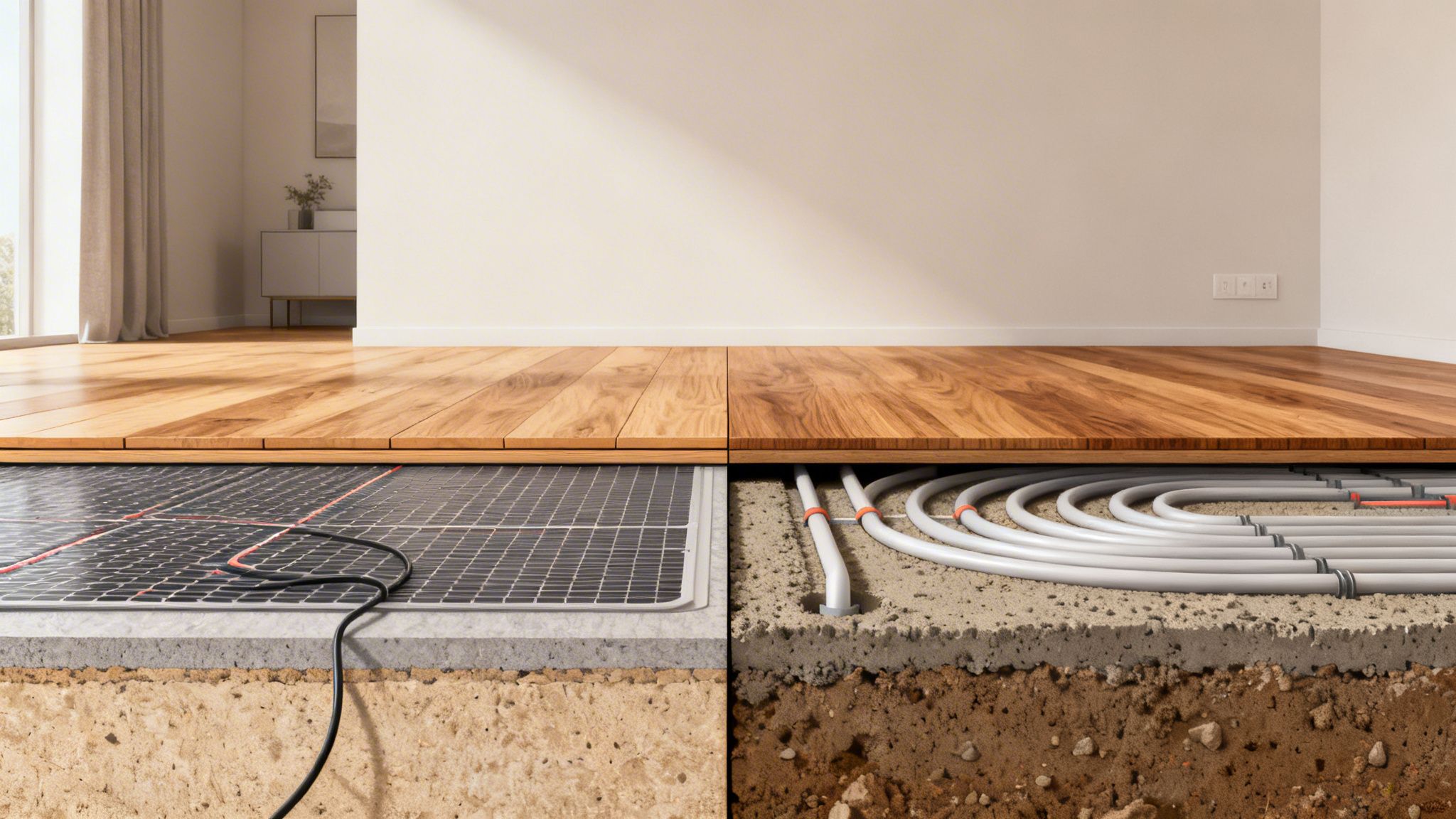 Tværudsnit af gulv med to typer gulvvarme: elektrisk måtte og vandbårne rør under trægulv.