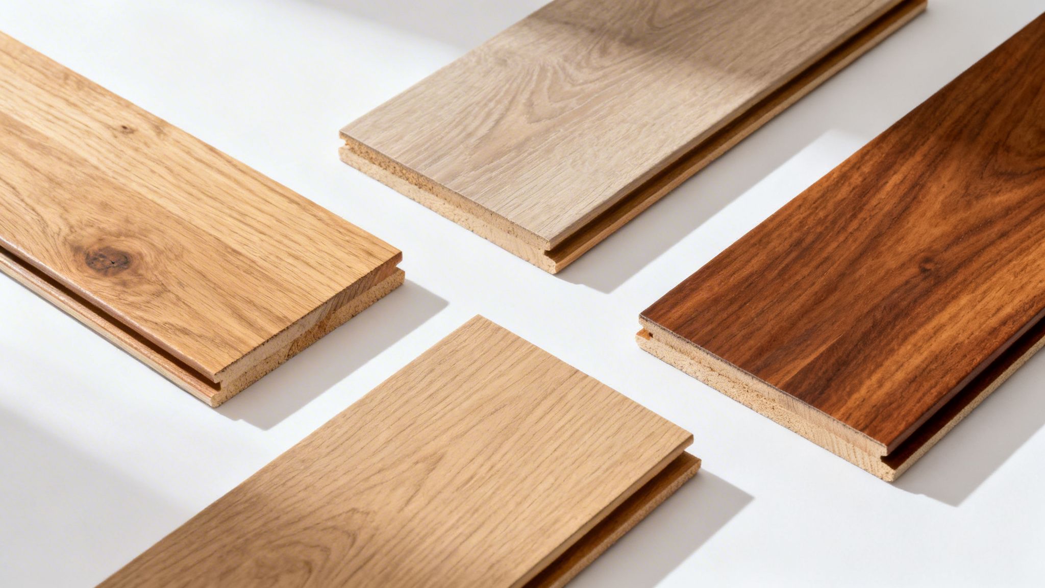 Fire forskellige trægulvsprøver, herunder eg og valnød, udlagt på en hvid overflade.