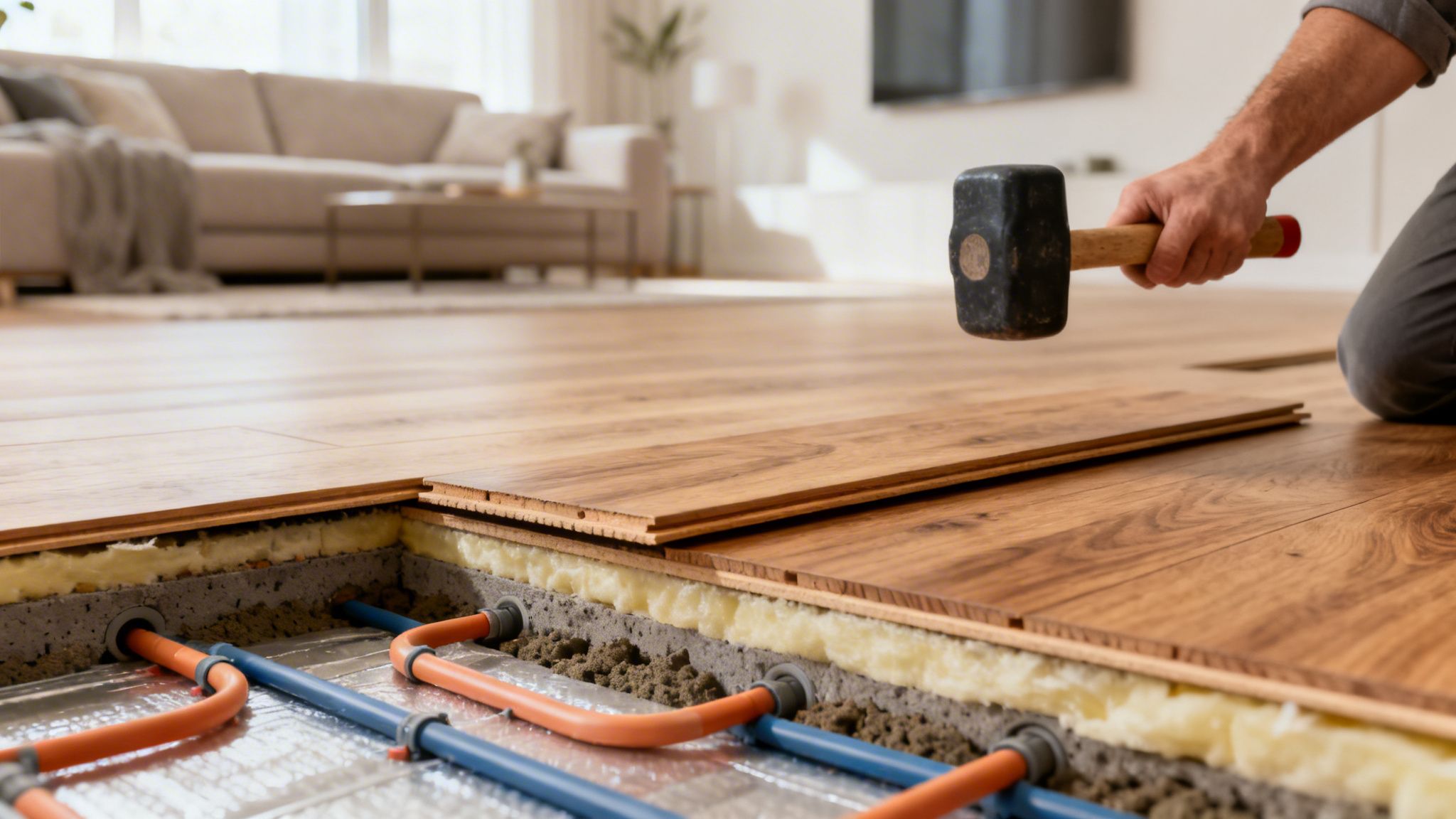 Gulvlægger installerer trægulv over gulvvarme, der viser isolering og rør underneden.