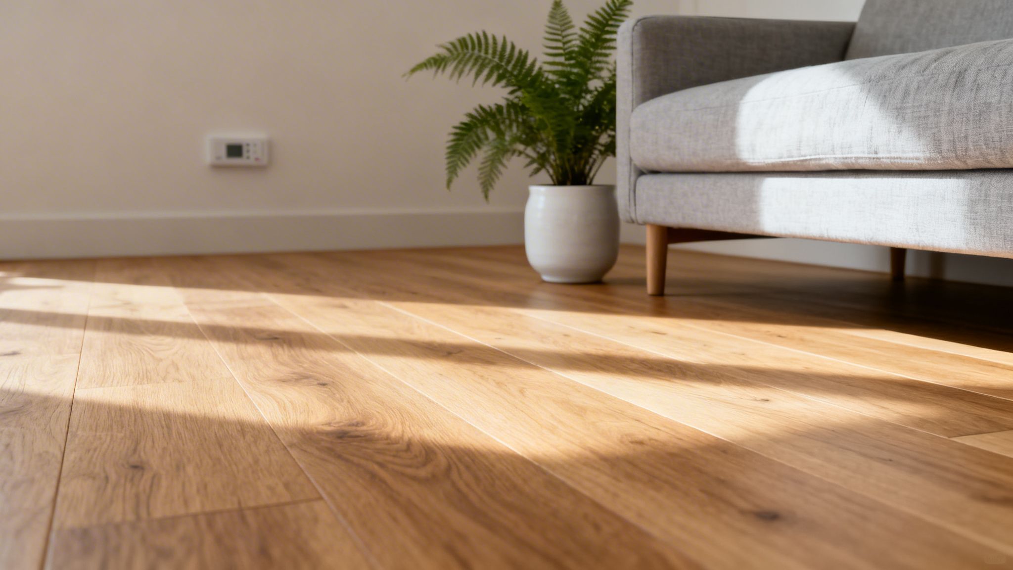 Lyst trægulv med striber af sollys, en grøn plante og en grå sofa i et moderne rum.