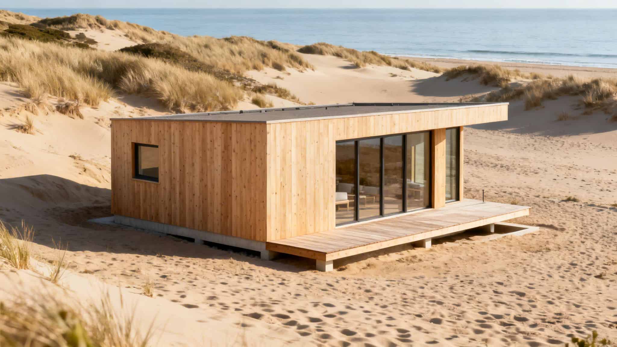 Moderne træhytte i træ med store vinduer, placeret på en sandstrand med klitter og havudsigt.