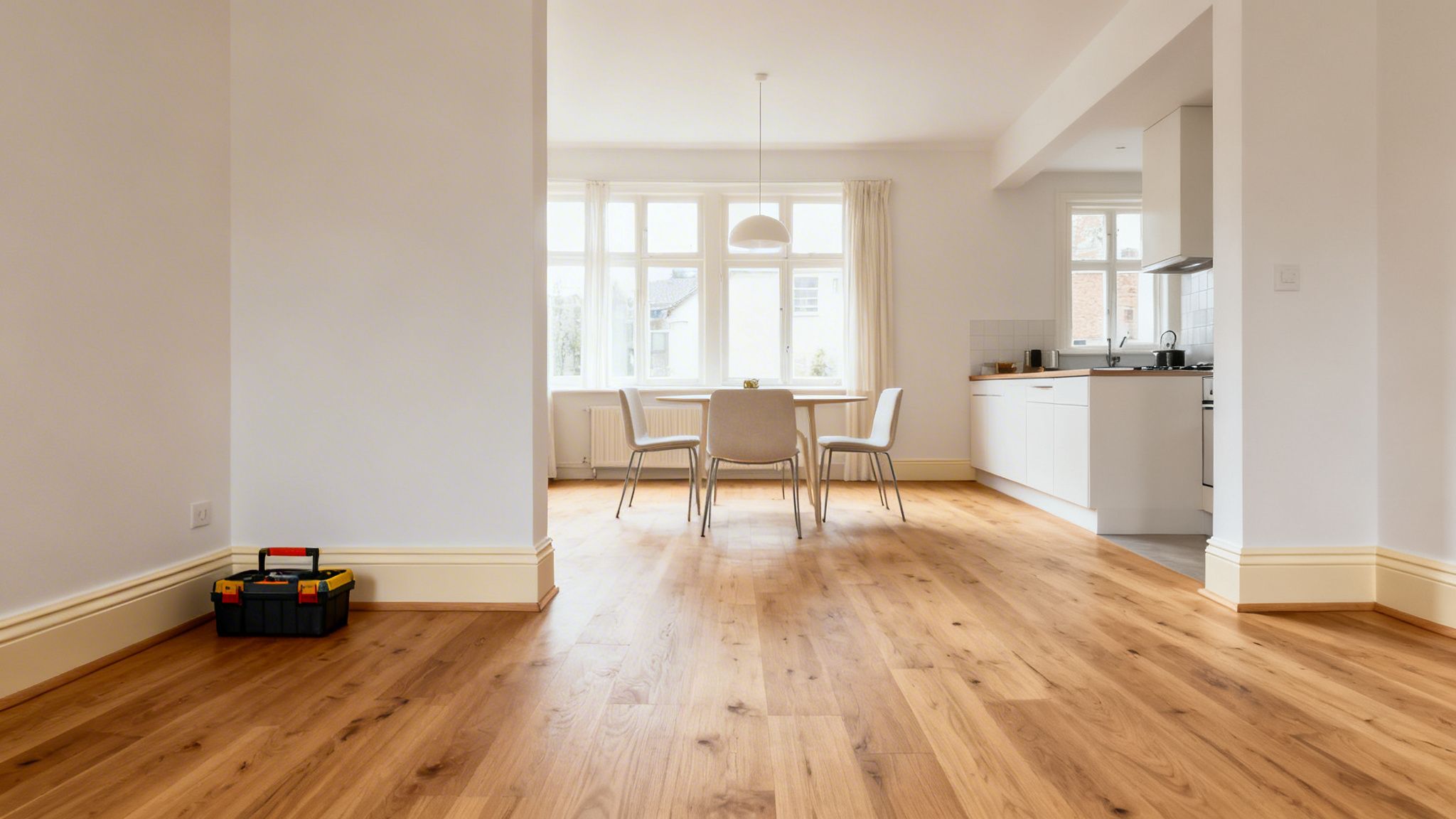 Et nyrenoveret rum med trægulv, spiseplads, køkken og en værktøjskasse i forgrunden.