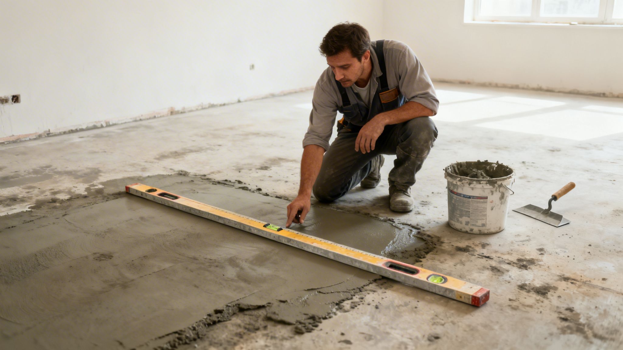 En mand lægger nyt betongulv i et rum, bruger et vaterpas og glatter cementen for at sikre en jævn overflade.