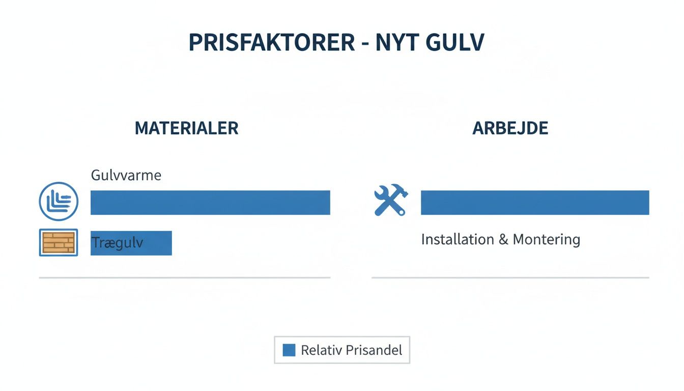 Diagram viser prisudvikling for nyt gulv, herunder materialer som gulvvarme og trægulv samt installationsarbejde.