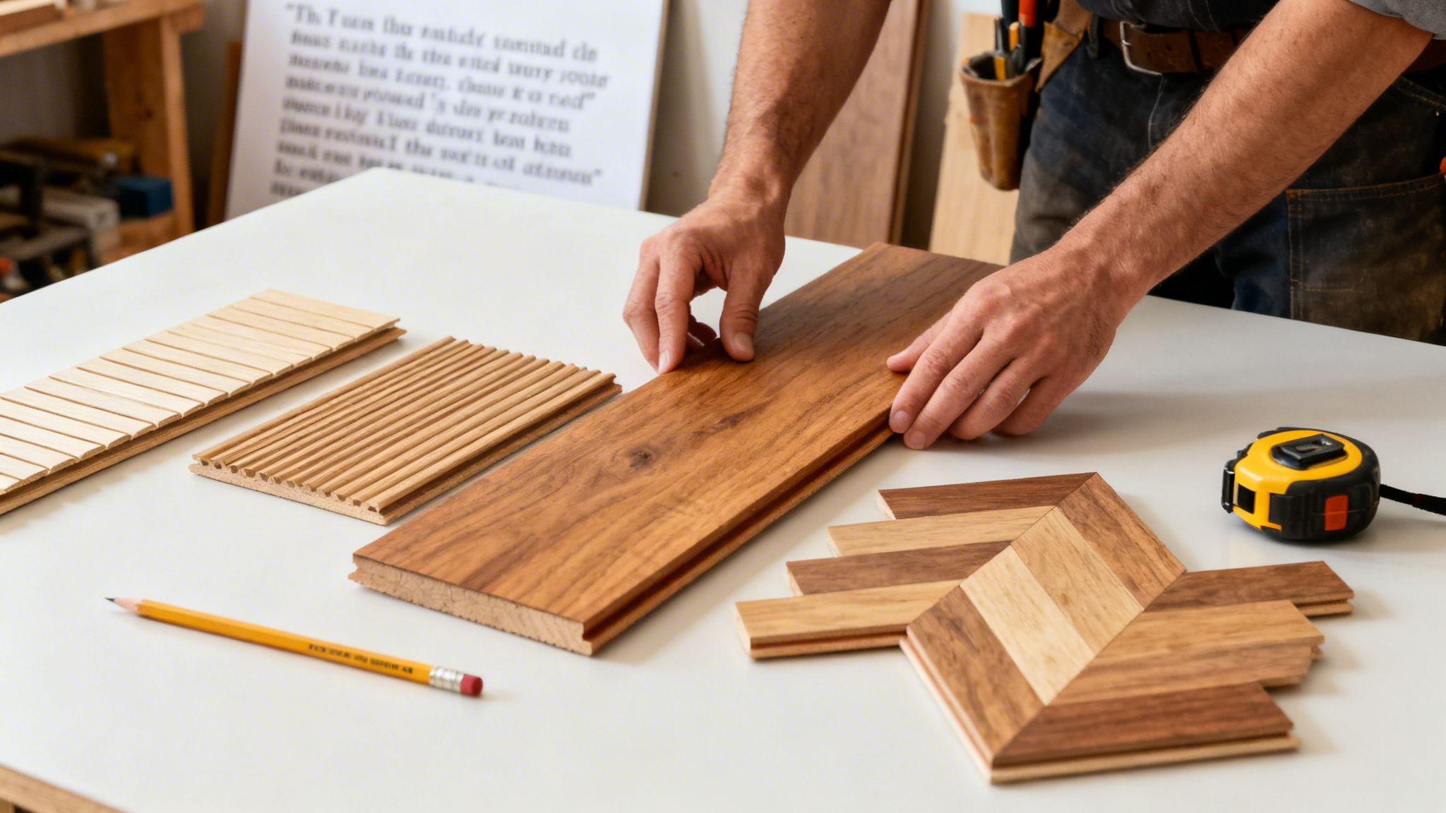 En gulvmand undersøger forskellige trægulvsprøver, herunder sildebensmønster, med blyant og målebånd på et bord.