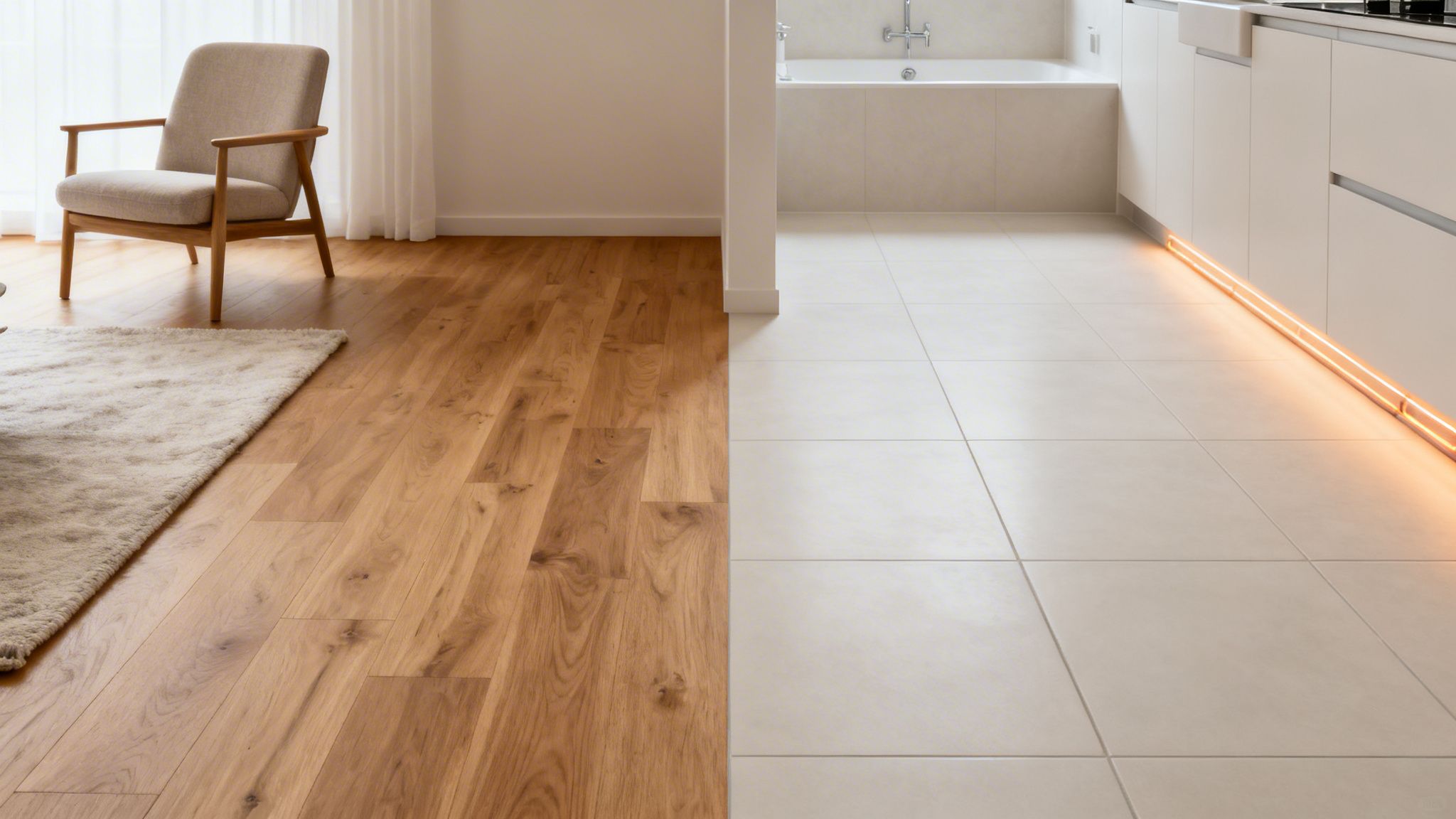 Et moderne hjem med en tydelig overgang fra varme trægulve til kølige, lyse fliser.