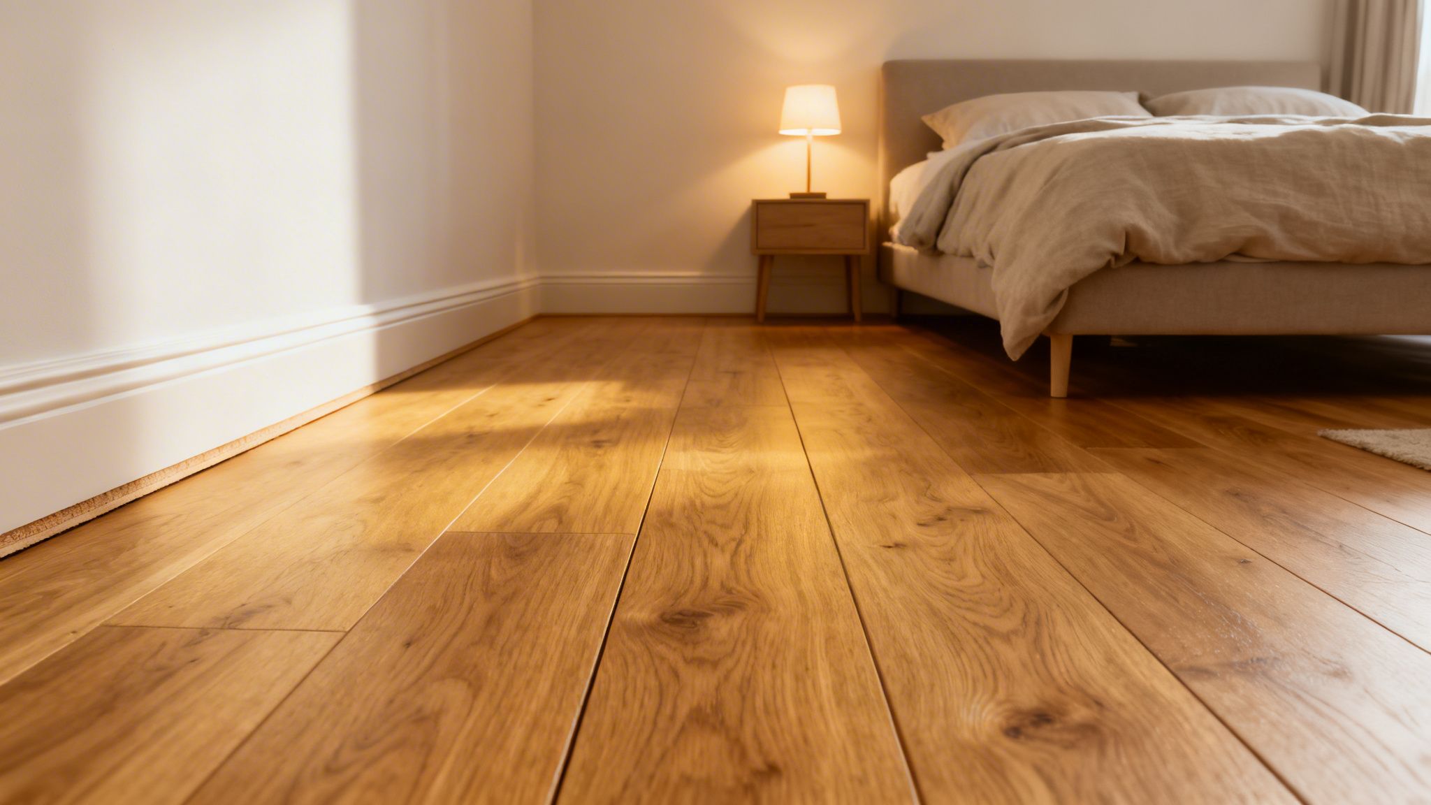 Et hyggeligt soveværelse med lyst trægulv, en seng og et natbord med en lampe. Sollys skinner ind.