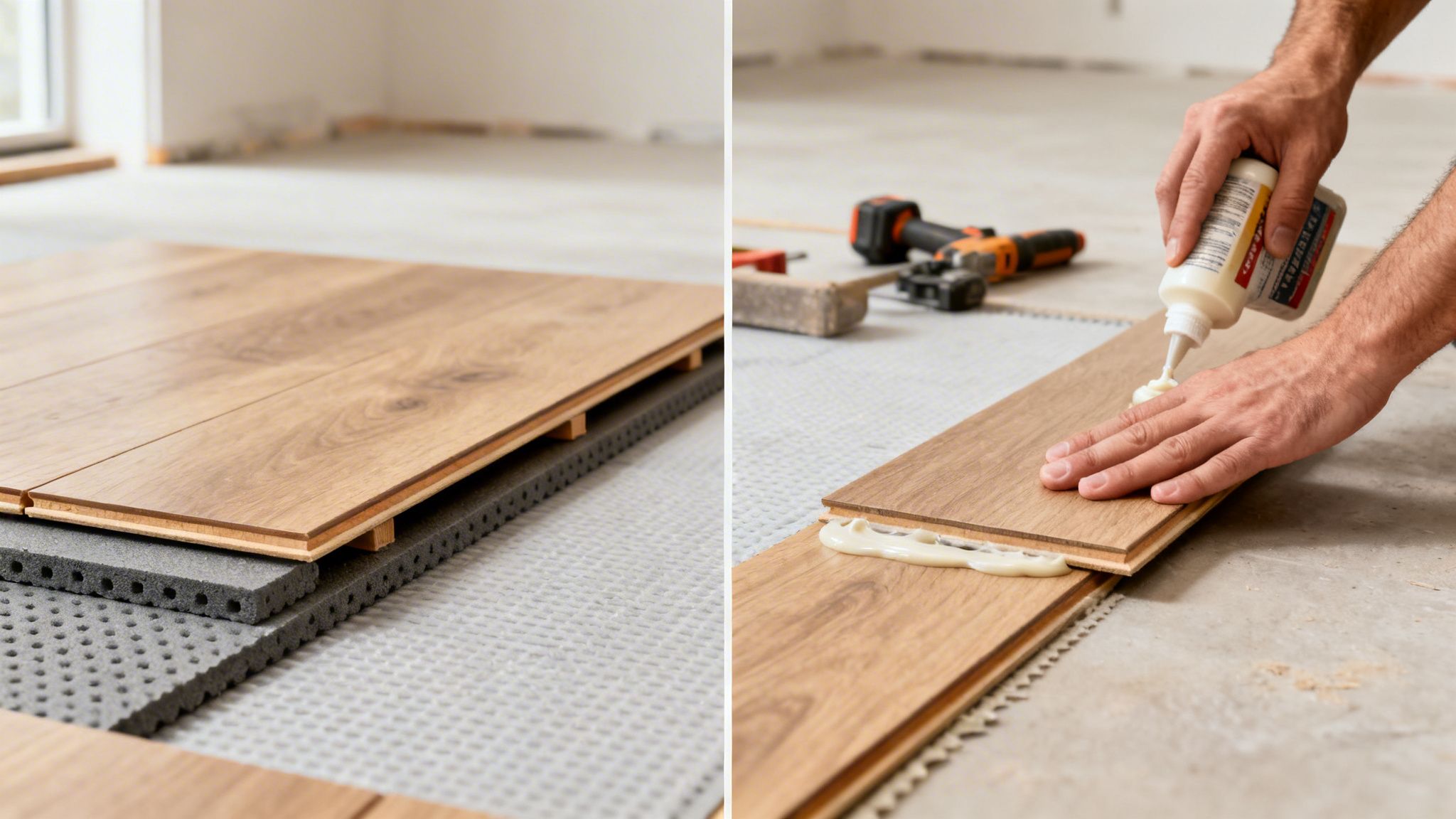Nye trægulvsplanker lægges med underlag og lim, der viser gulvinstallation.