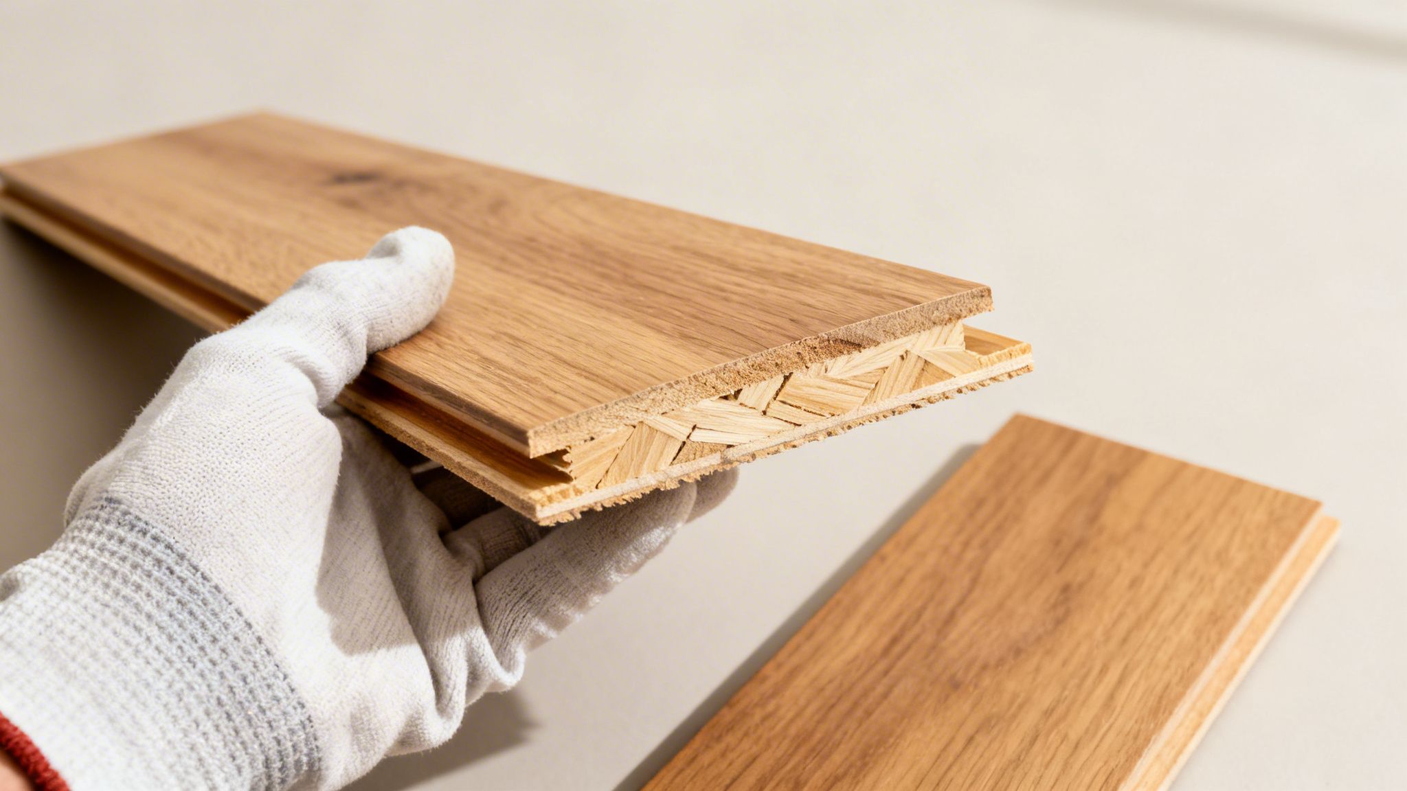 En hånd med handske holder et lamelparketgulv op, der viser dens lagdelte konstruktion af træ.