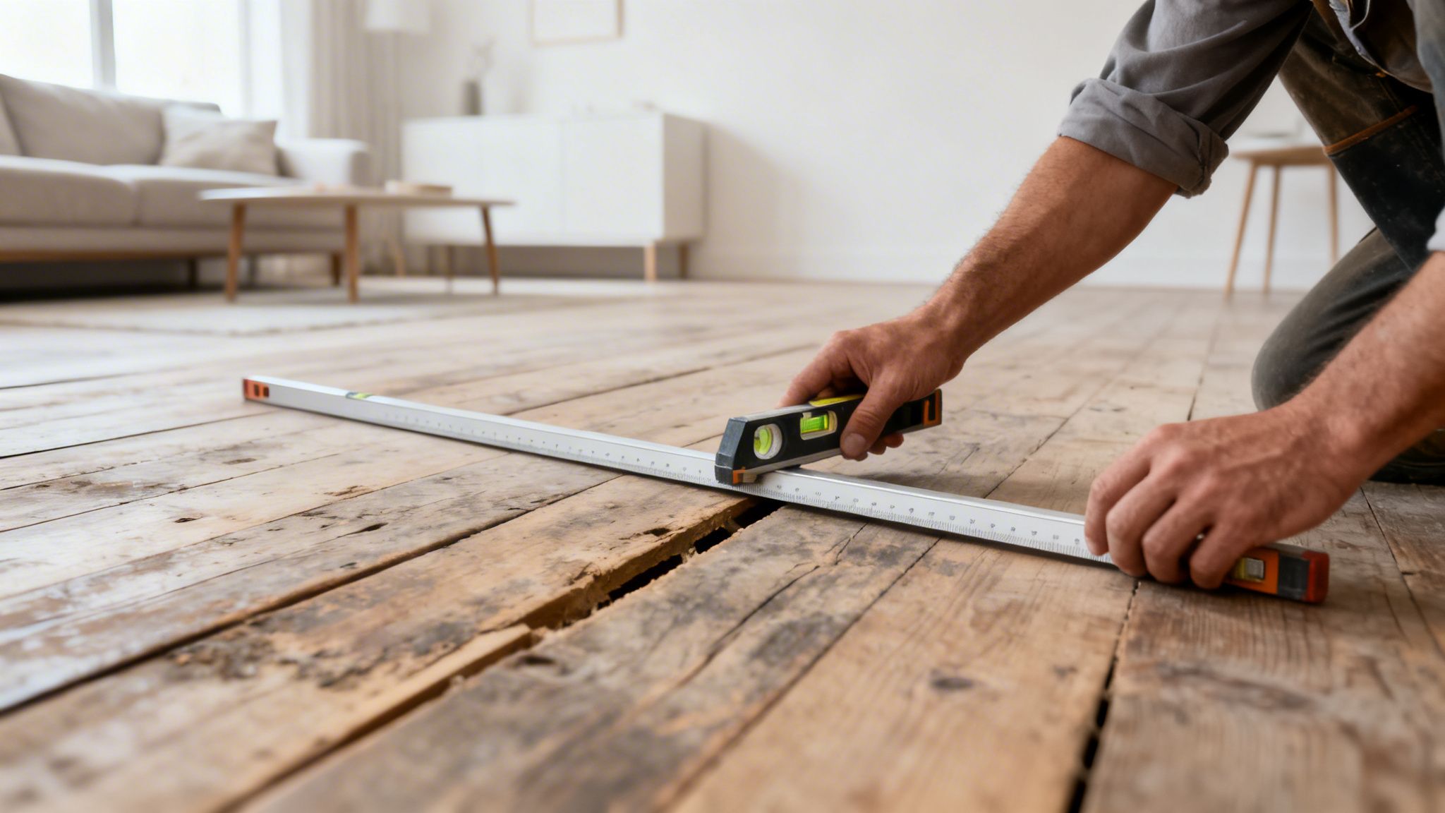 En person knæler og bruger et vaterpas til at måle et slidt trægulv, klar til renovering.