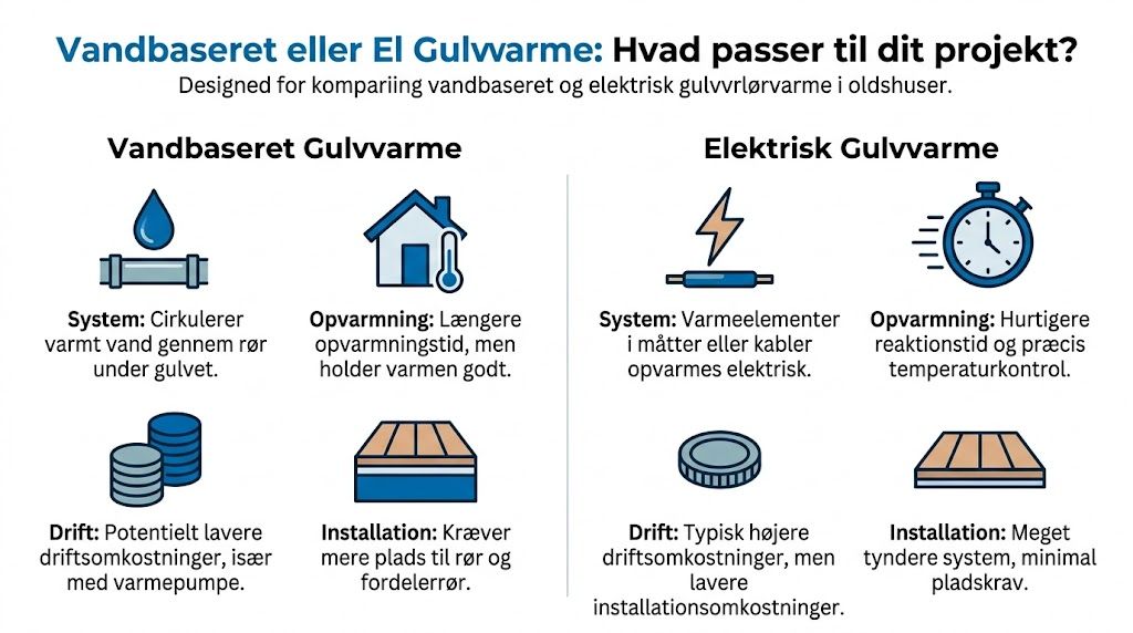 En infografik der sammenligner fordele og ulemper ved vandbaseret og elektrisk gulvvarme til renovering af ældre huse.