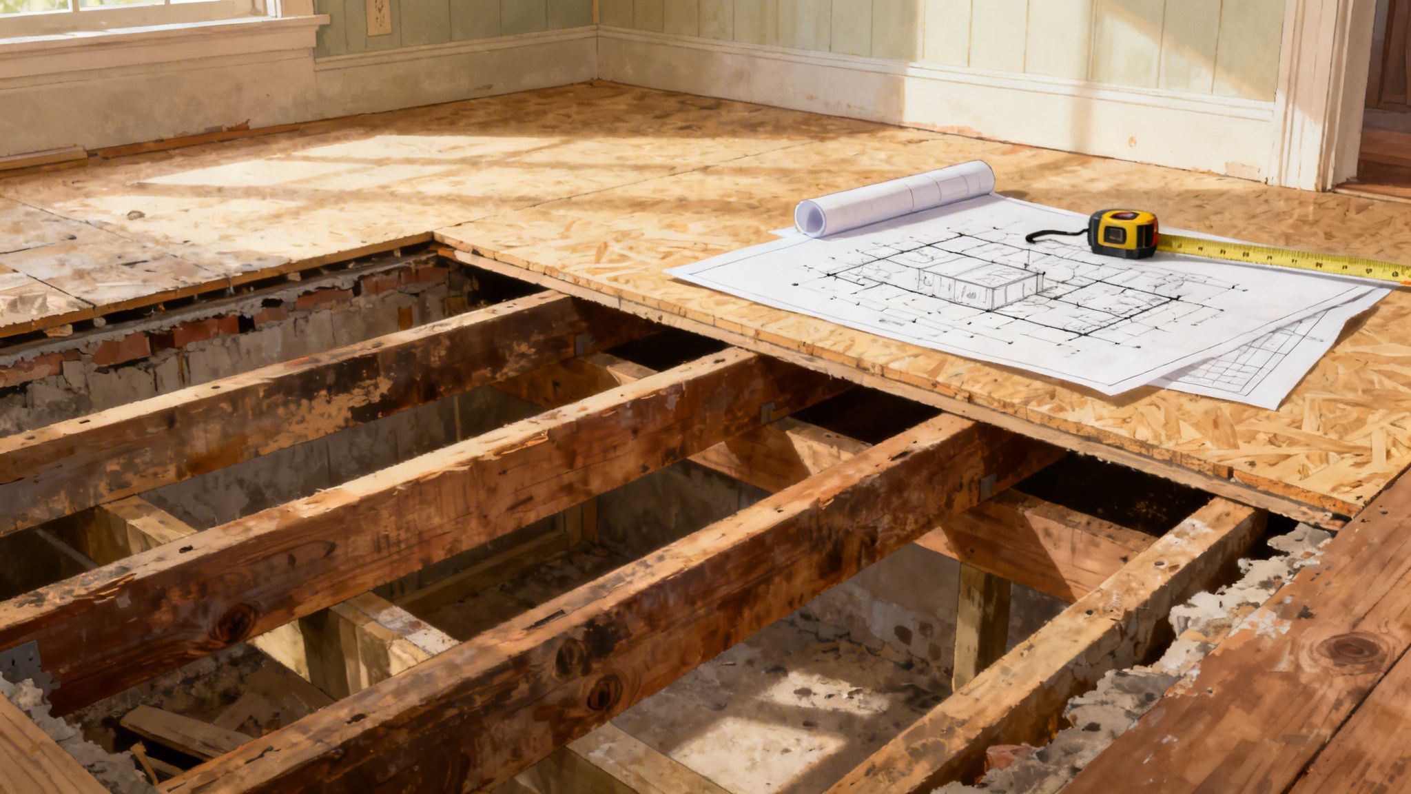 Renovering af et hus med synlige gulvbjælker, bygningstegninger og målebånd placeret på en ny træplade i rummet.