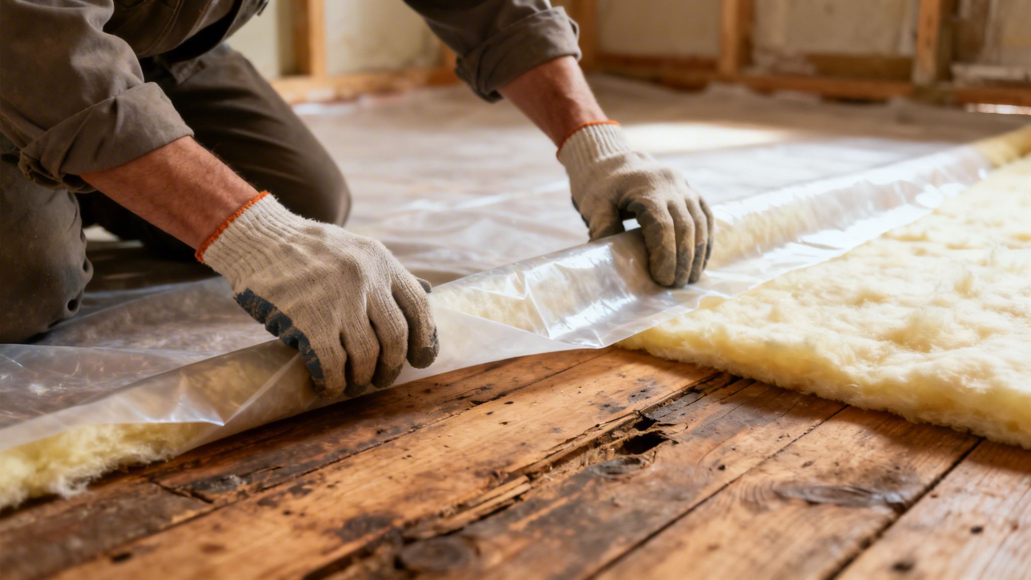 En håndværker er i gang med at lægge isolering og fugtspærre på et gammelt trægulv under renovering.