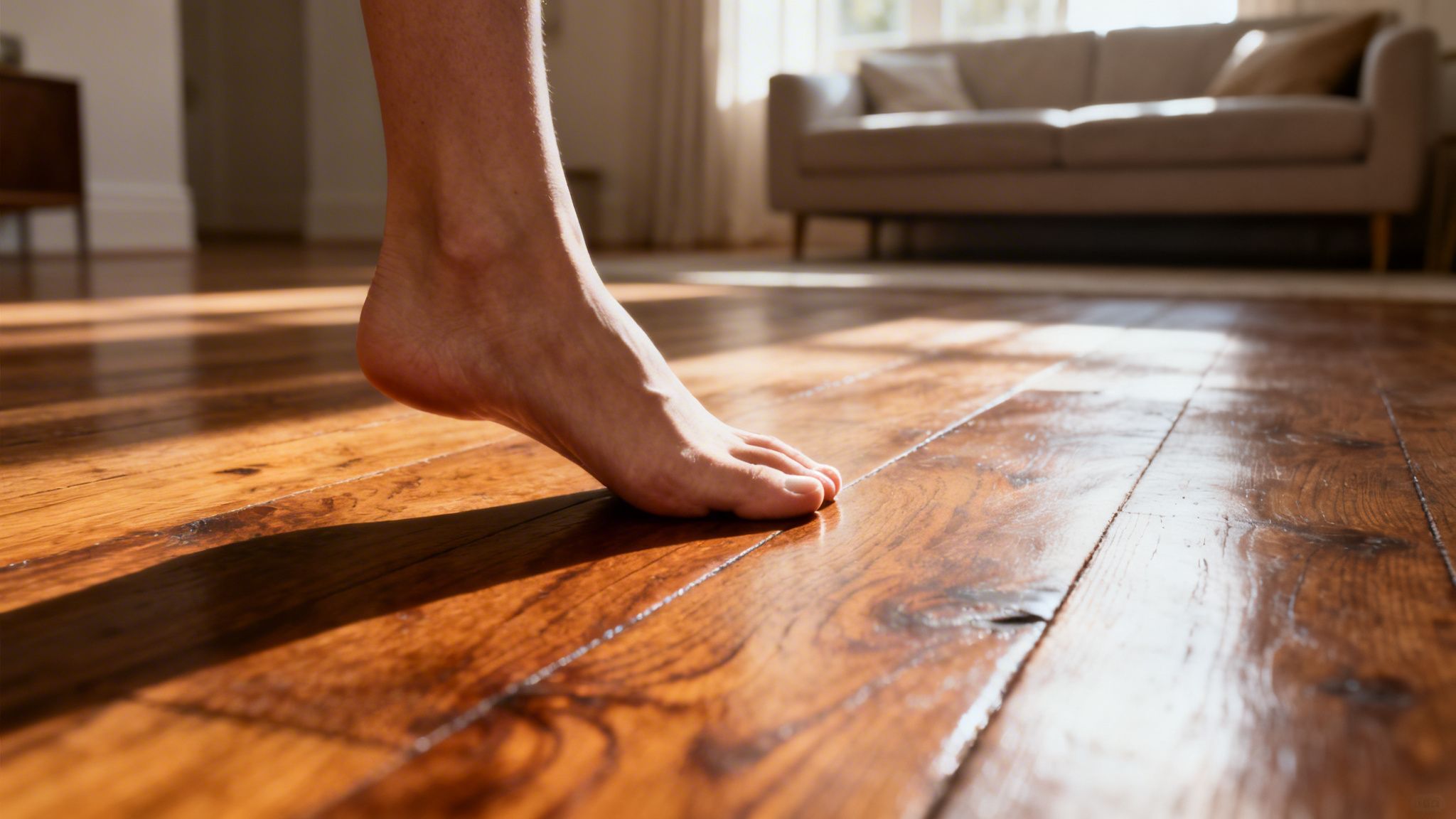 En barfodet person træder forsigtigt på et smukt, solbelyst trægulv i en lys og rummelig stue.