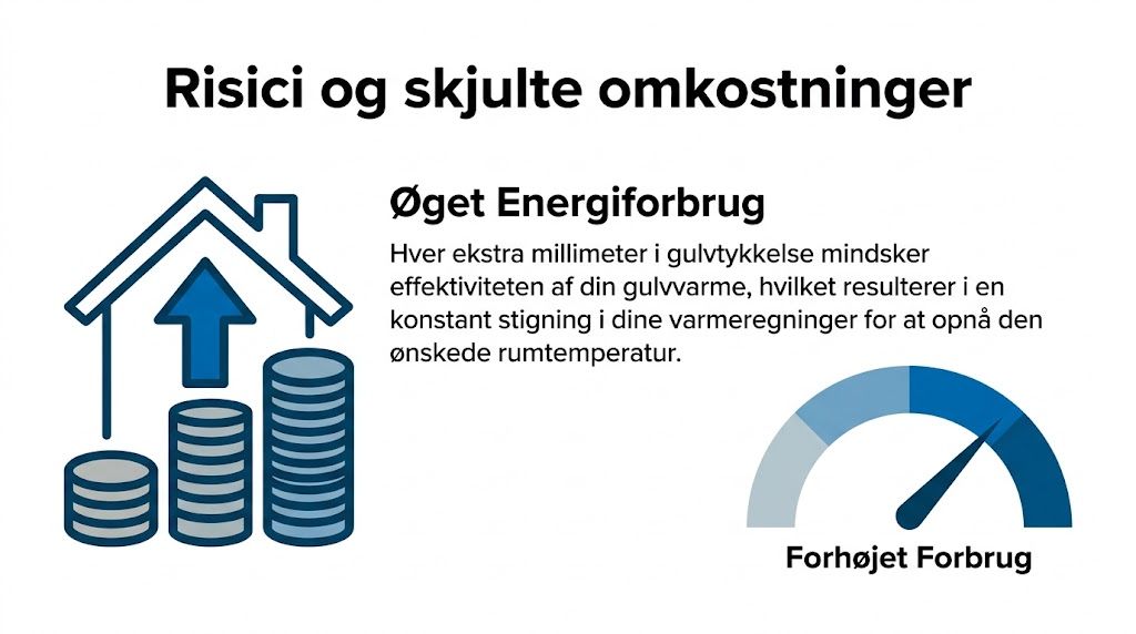 Illustration der viser, hvordan tykkere gulve øger energiforbruget og varmeregningen ved brug af gulvvarme i boligen.