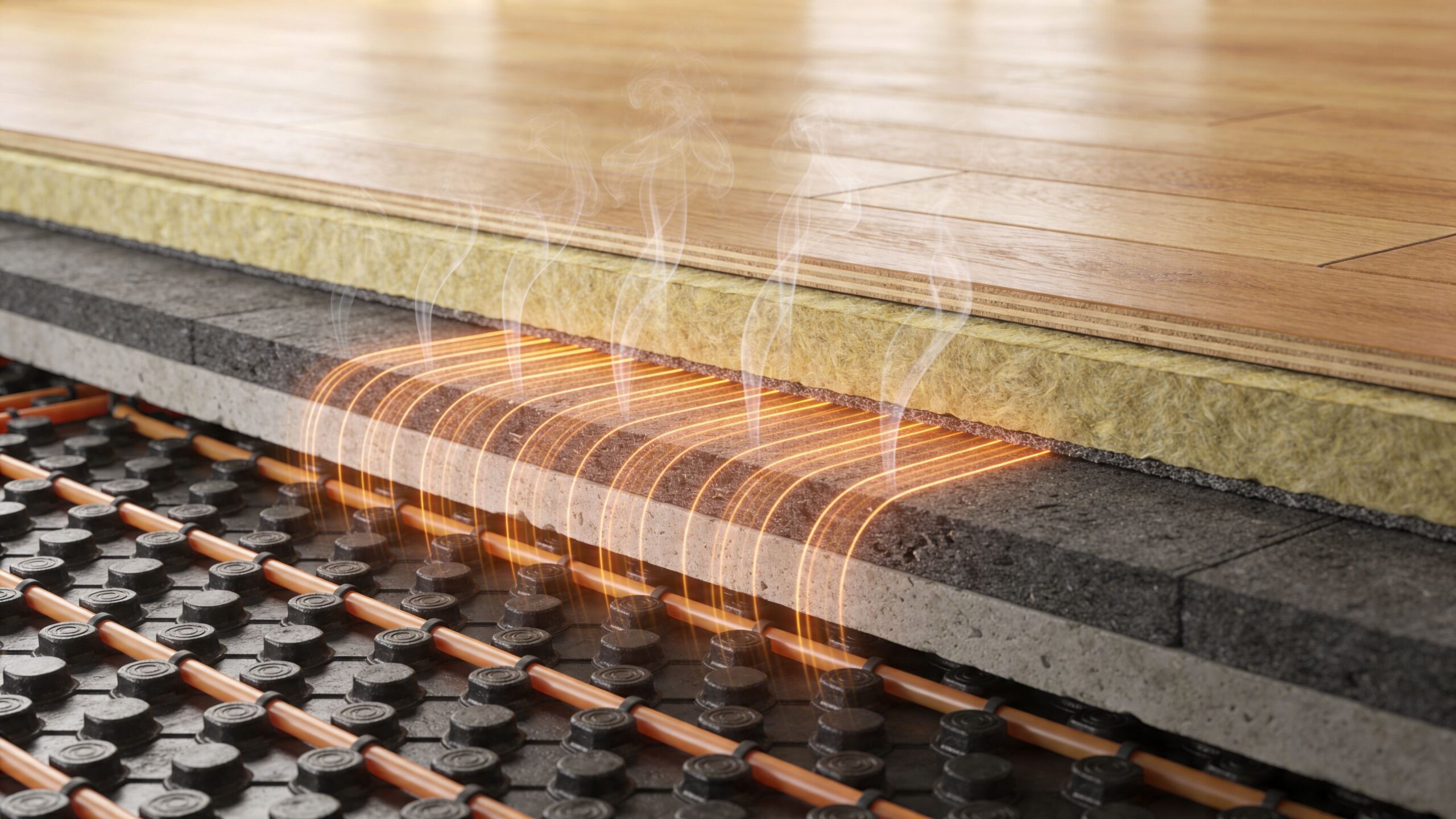 En detaljeret illustration af et gulvopbygningssystem med integreret gulvvarme og isoleringslag under et trægulv.